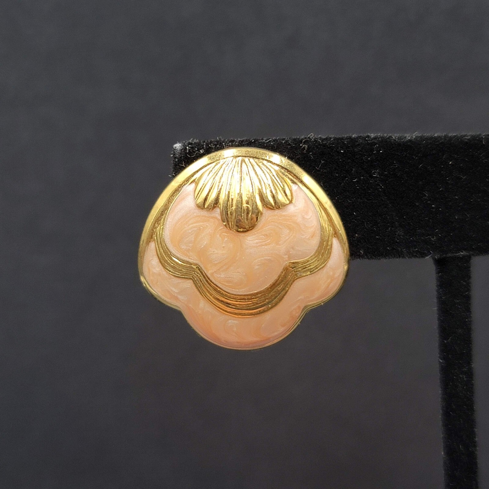 Vintage Pierced Earrings Gold Plated Peach Swirl Enamel Shell Design 1"
