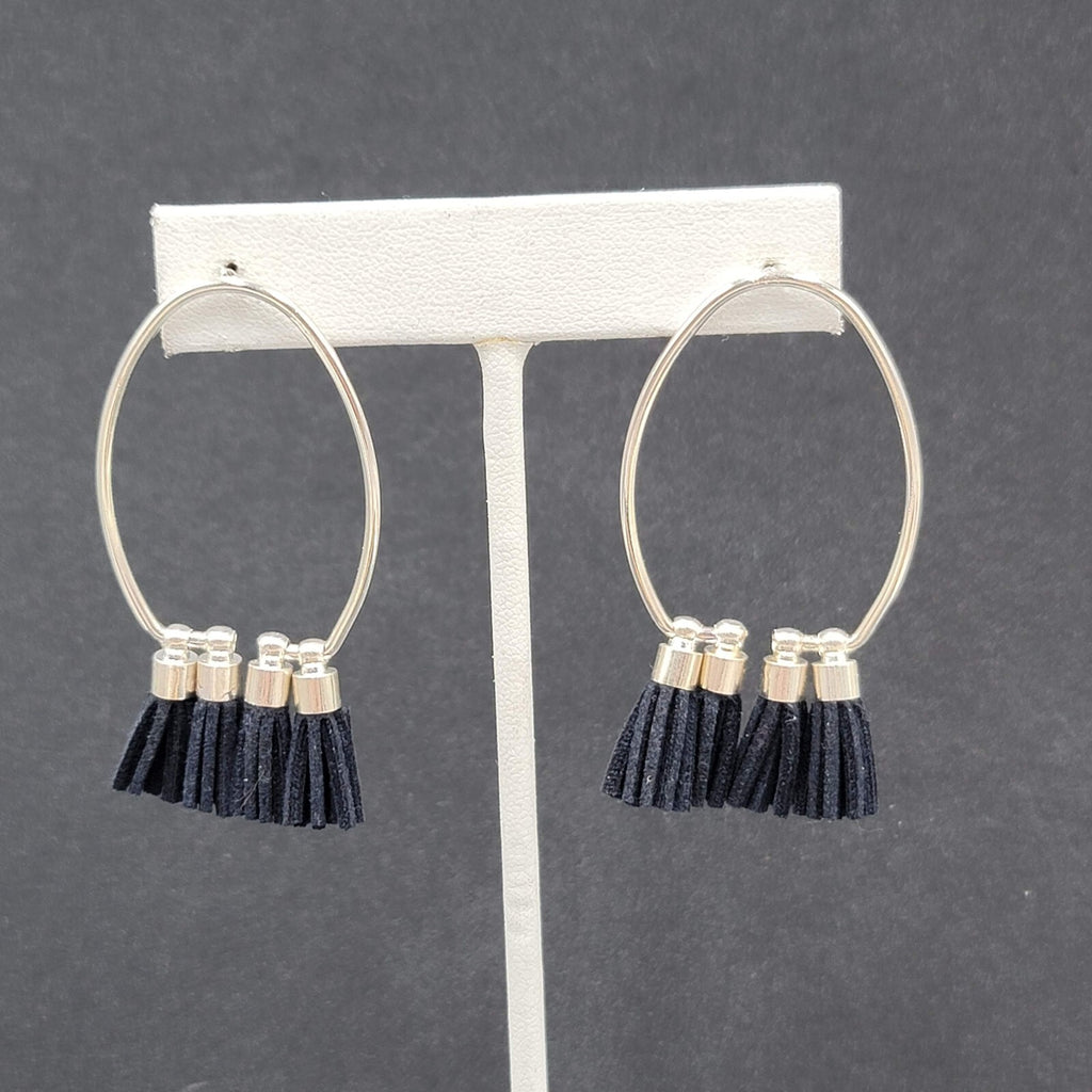 Pierced Earrings Silver tone Open Hoop Black Tassel Drop 2 1/8"