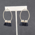 Pierced Earrings Silver tone Open Hoop Black Tassel Drop 2 1/8"