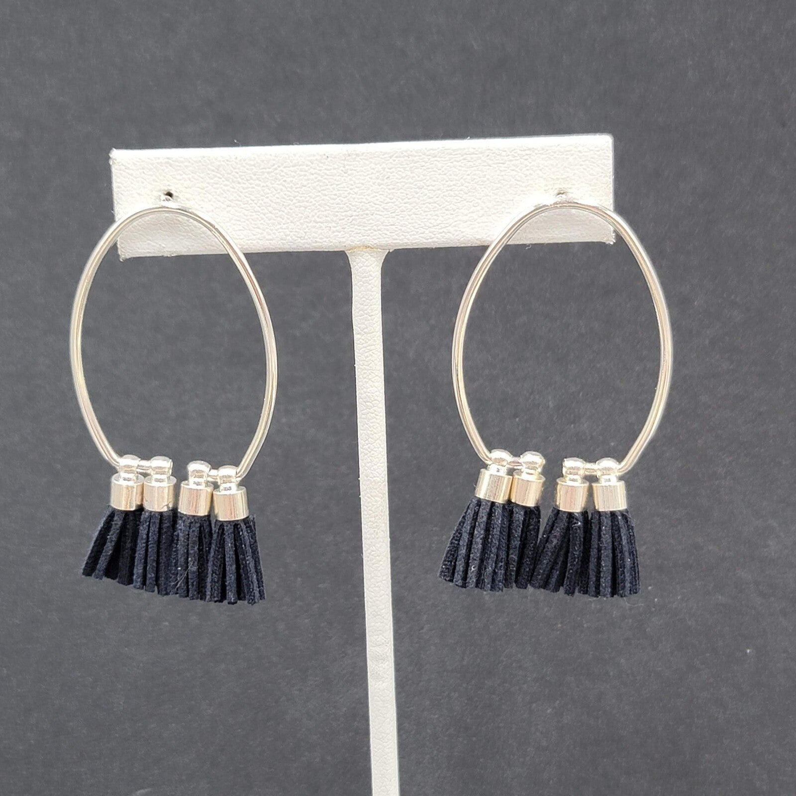 Pierced Earrings Silver tone Open Hoop Black Tassel Drop 2 1/8"