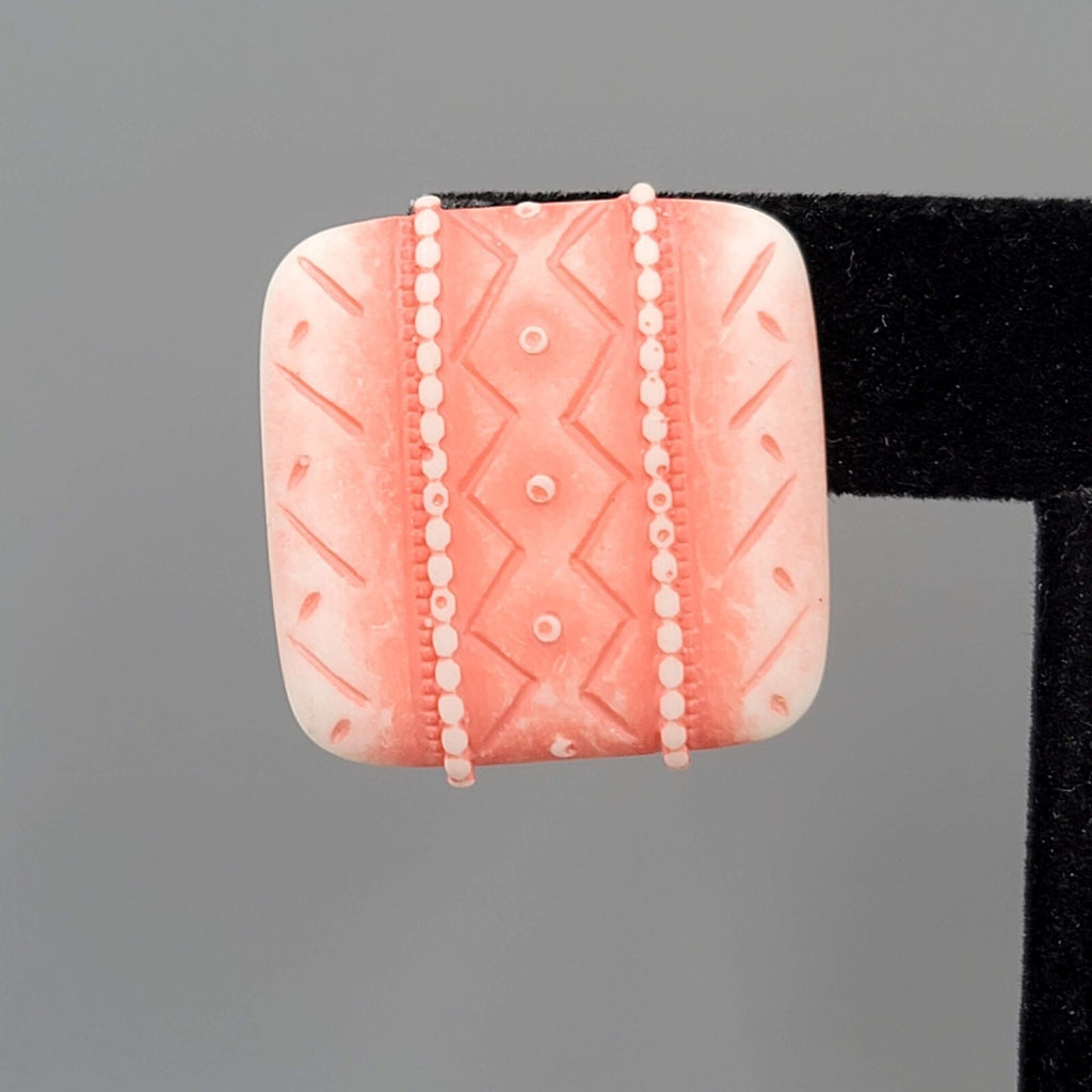 Vintage Salmon Pink White Pierced Earrings Embossed Square Drop 1"