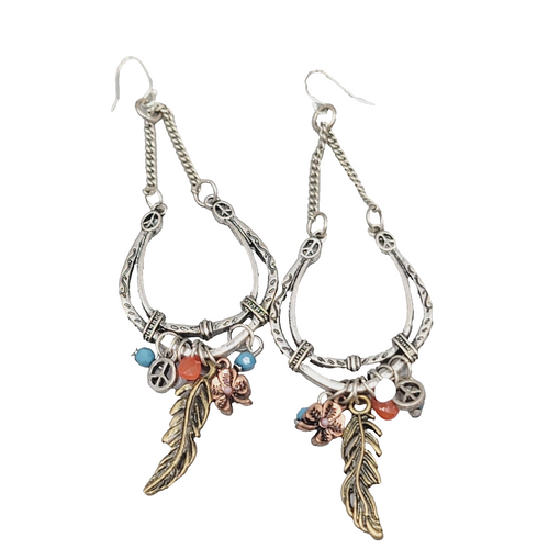 Boho Statement Charm Dangle Pierced Earrings Silver tone 3.5"