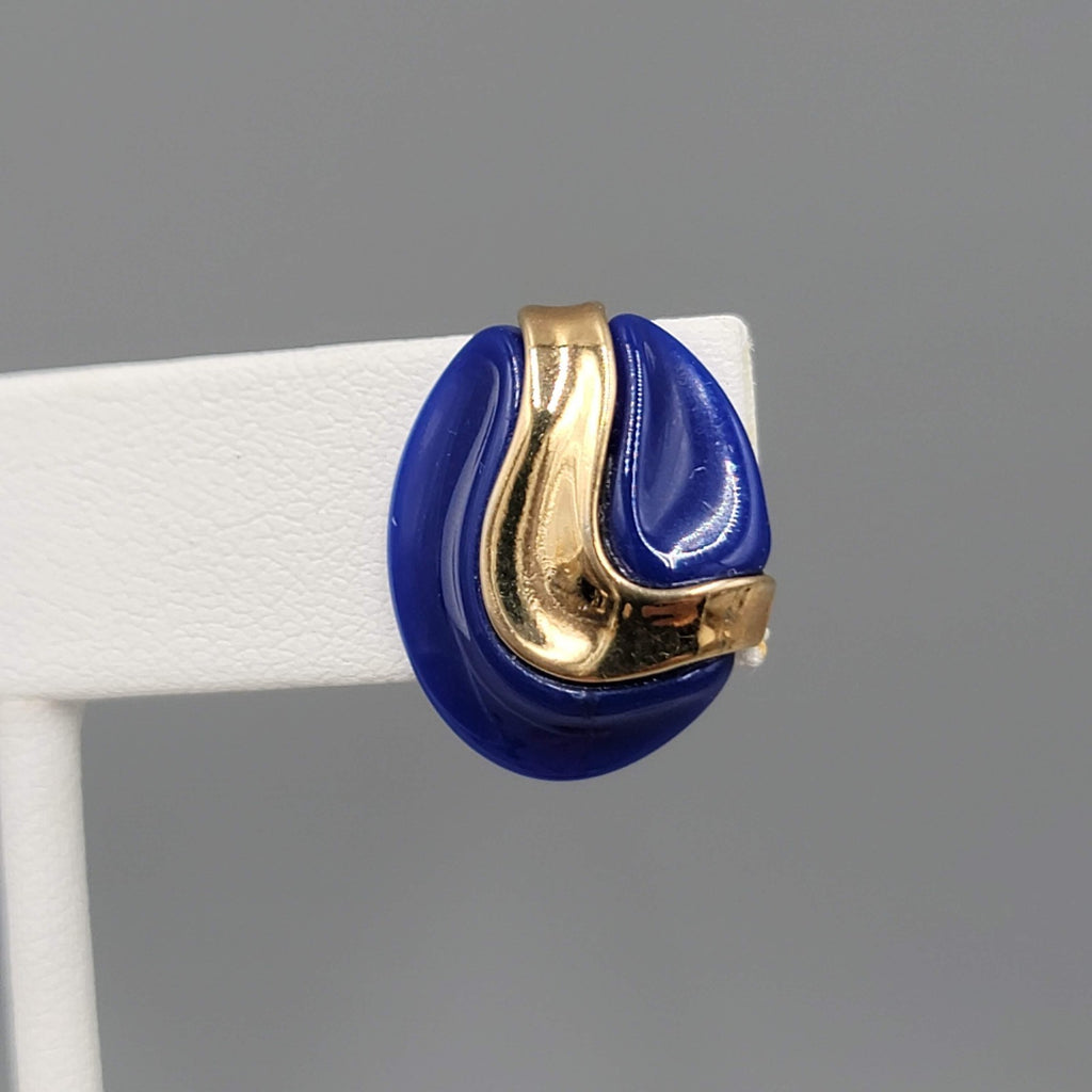 Vintage Blue Oval Pierced Earrings Gold tone Drop 3/4"