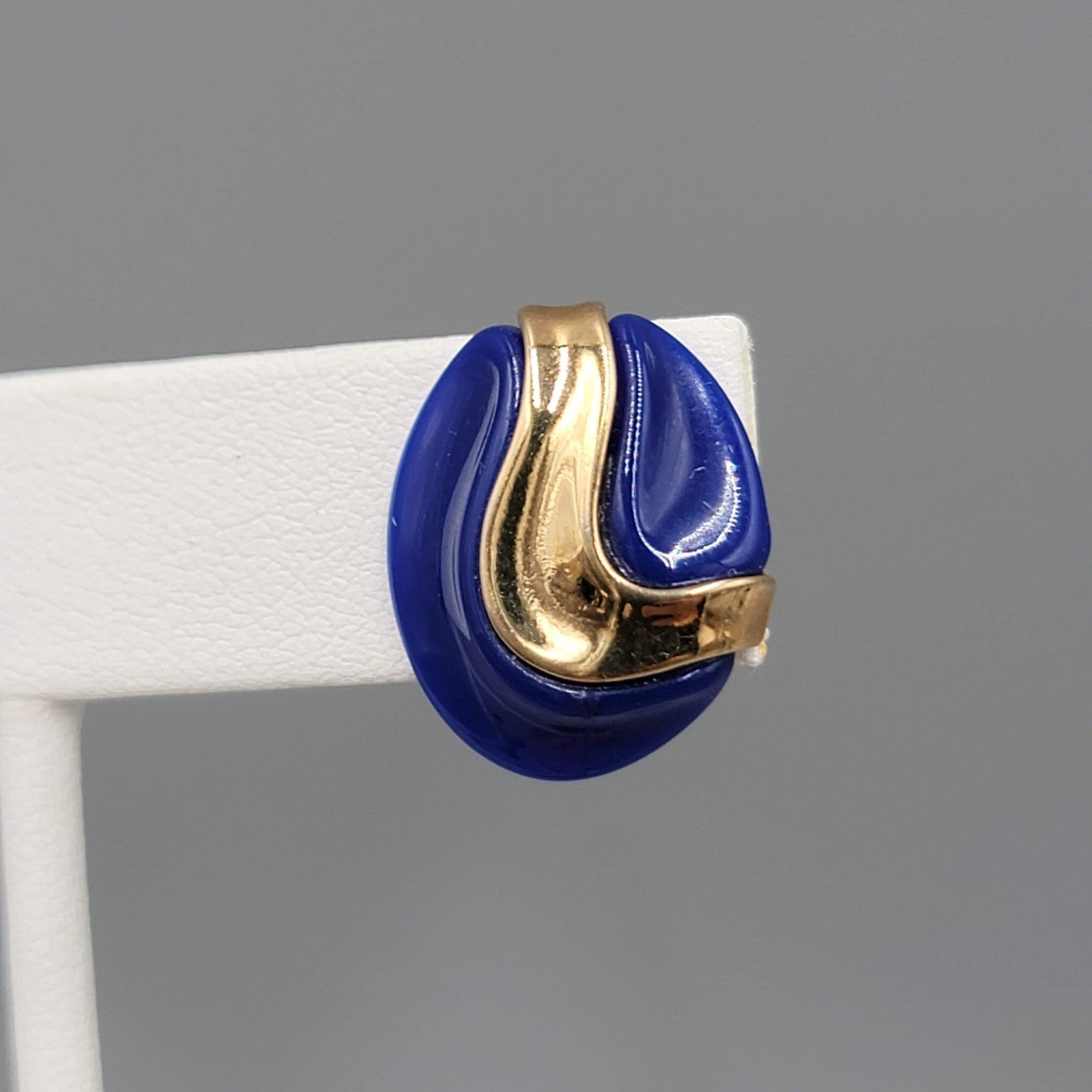 Vintage Blue Oval Pierced Earrings Gold tone Drop 3/4"