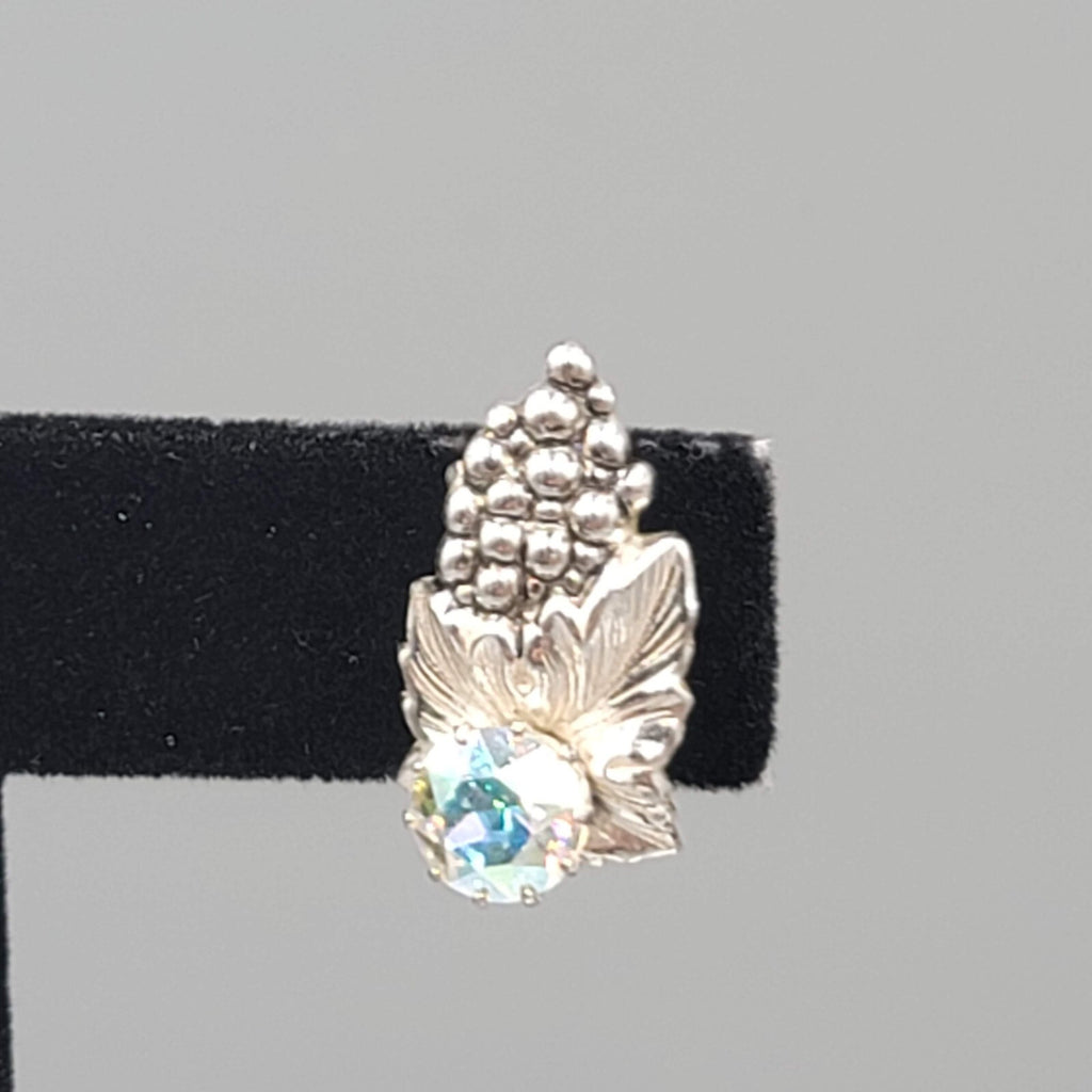 Sterling Silver Clip On Earrings Grapes AB Rhinestone Drop 3/4"