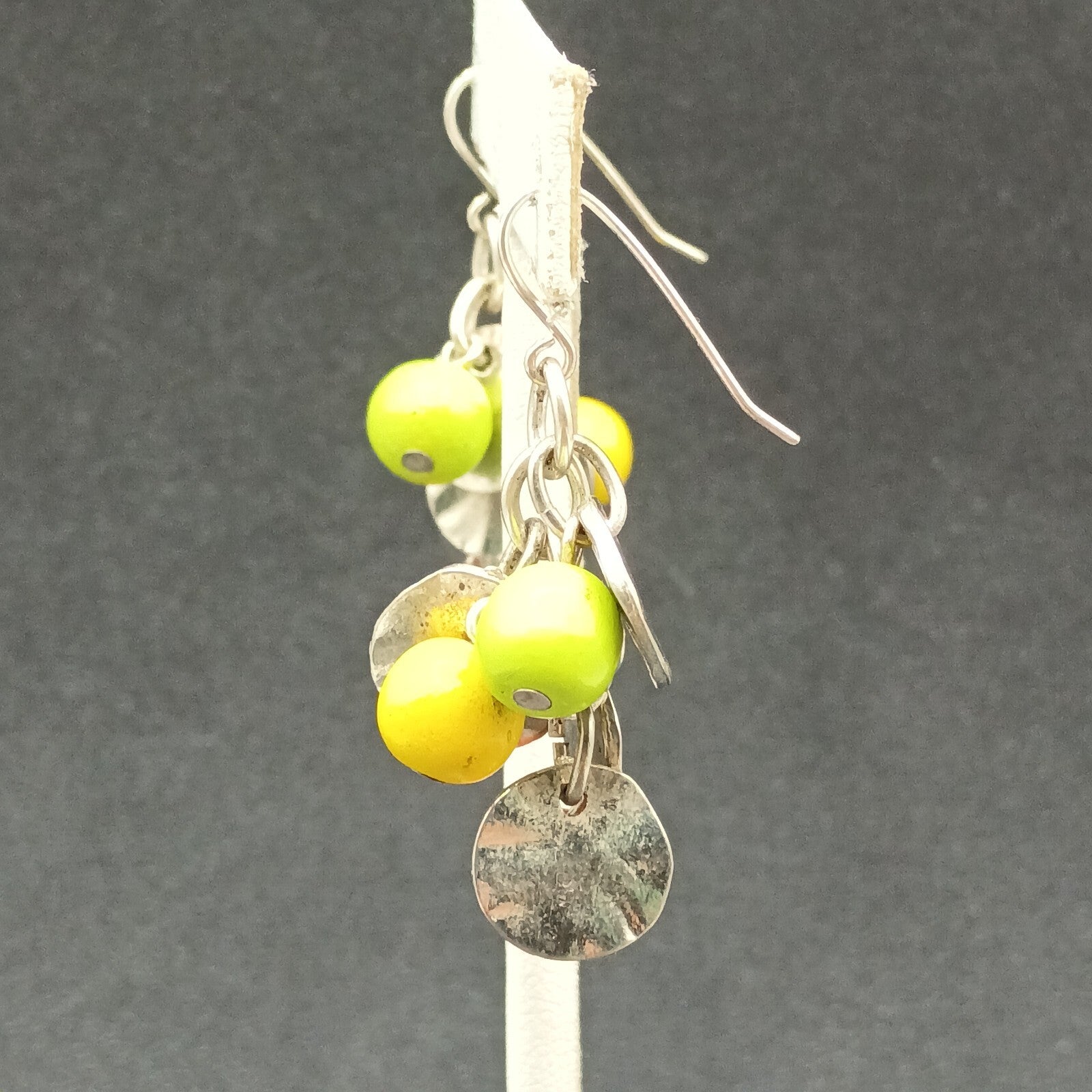 Pierced Earrings Silver tone Chain Hammer Disk Multicolor Bead Dangle 1 3/8"