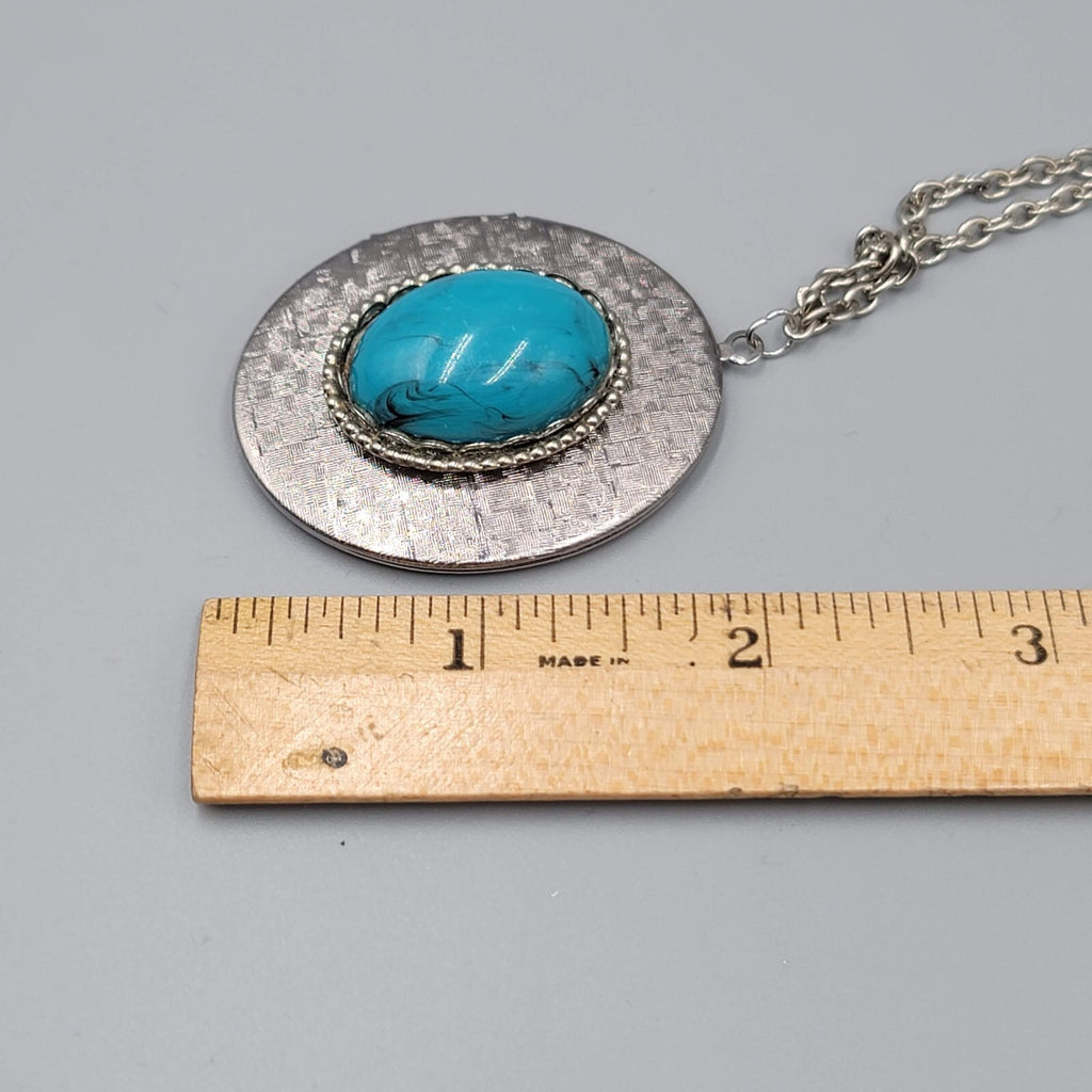 Vintage Large Locket Pendant Necklace Blue Acrylic Cabochon 26"