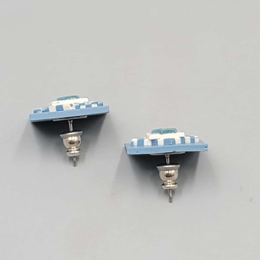 Vintage Blue Tulip Flower Pierced Earrings Square Drop 3/4"
