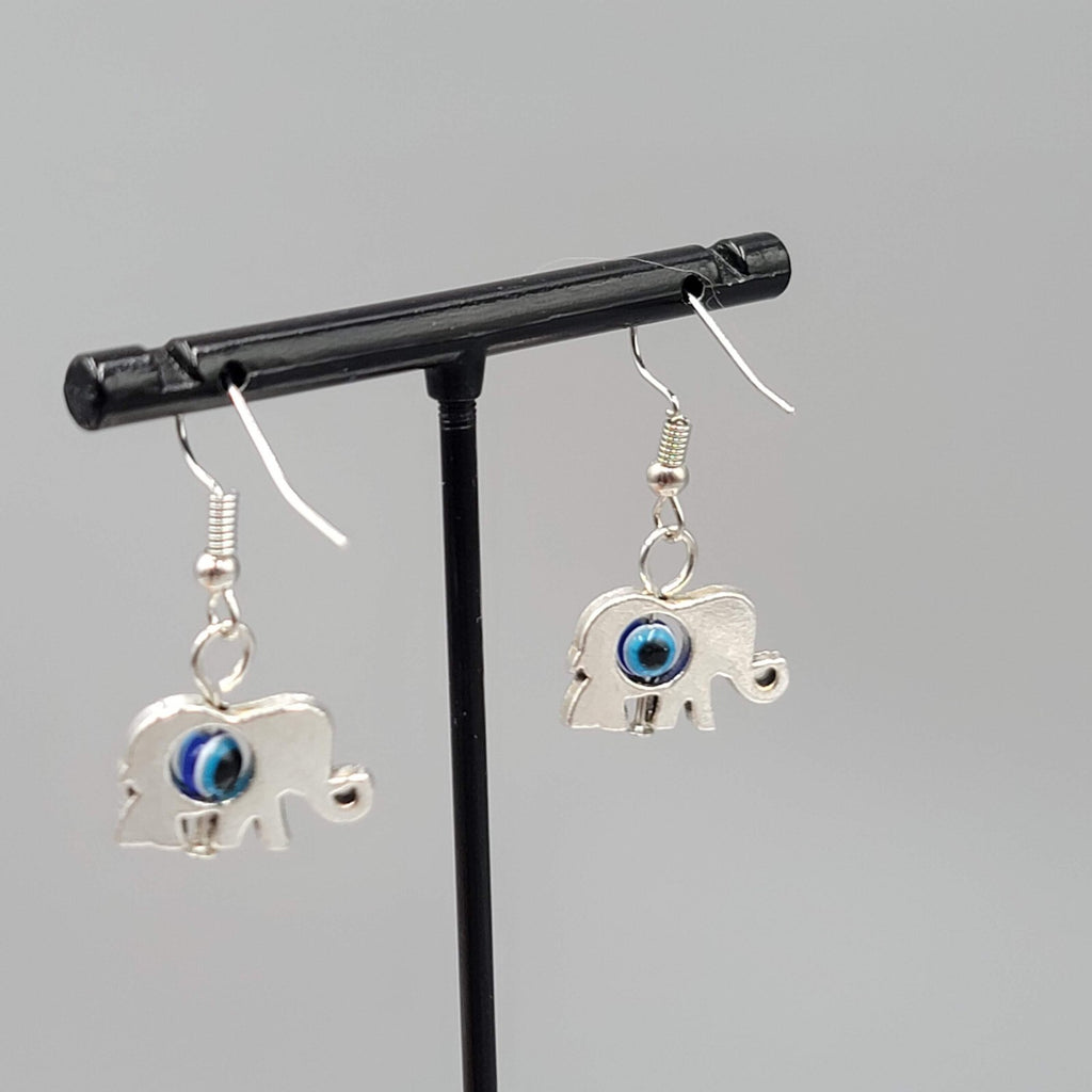 Elephant Evil Eye Pierced Earrings Silver tone Blue Bead Dangle 5/8"