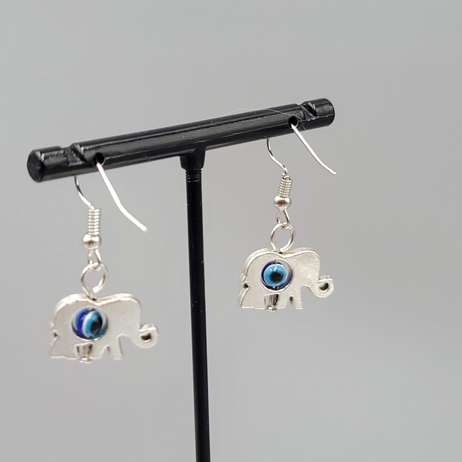 Elephant Evil Eye Pierced Earrings Silver tone Blue Bead Dangle 5/8"