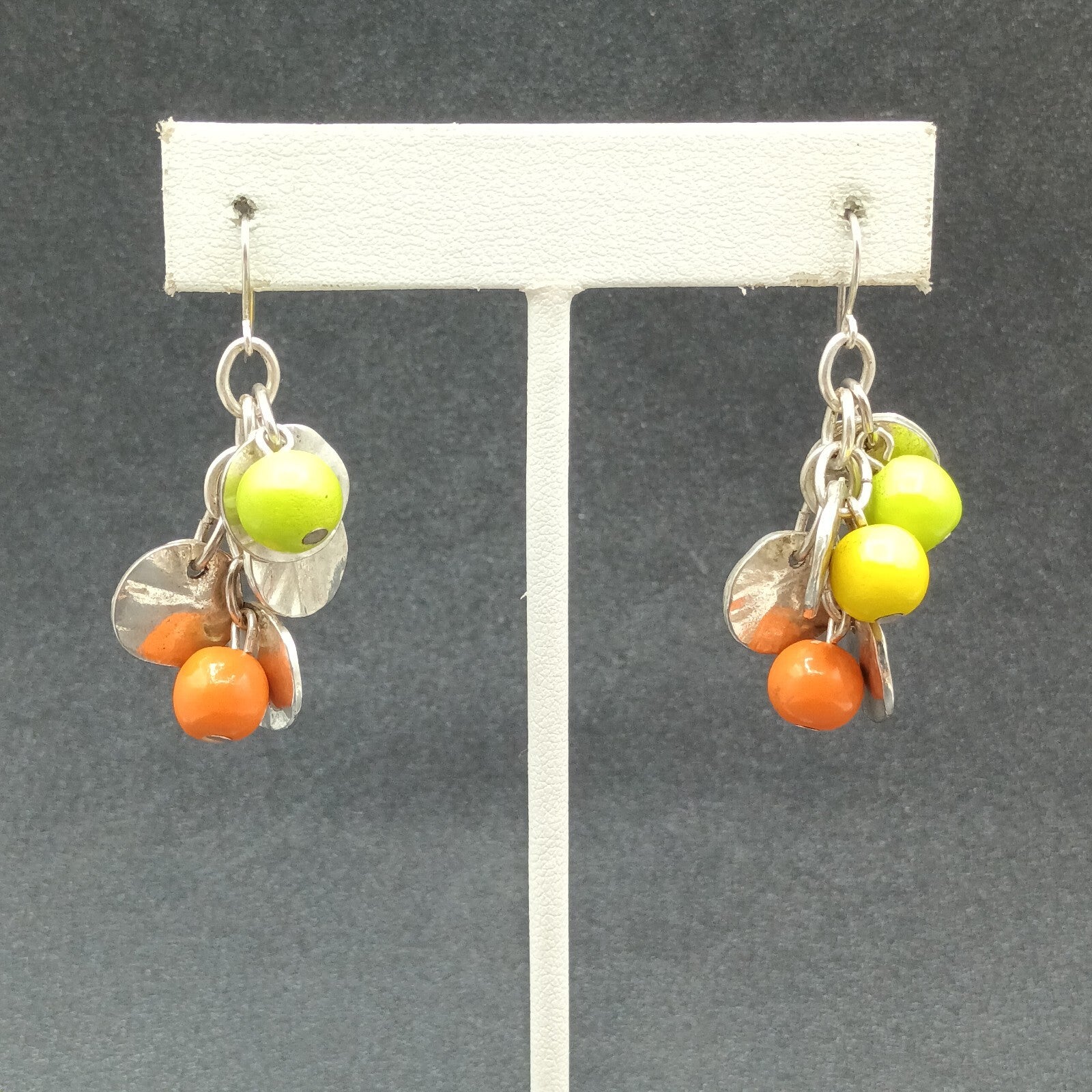 Pierced Earrings Silver tone Chain Hammer Disk Multicolor Bead Dangle 1 3/8"