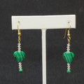 Pierced Earrings Gold tone Green Malachite Heart Crystal Beaded Dangle 1 3/8"