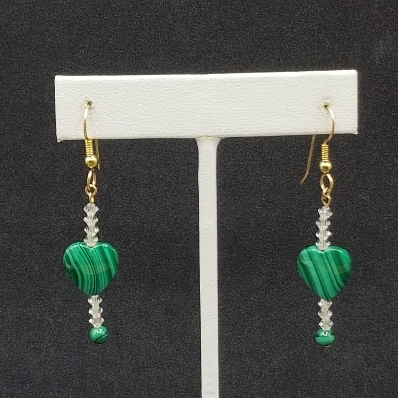 Pierced Earrings Gold tone Green Malachite Heart Crystal Beaded Dangle 1 3/8"