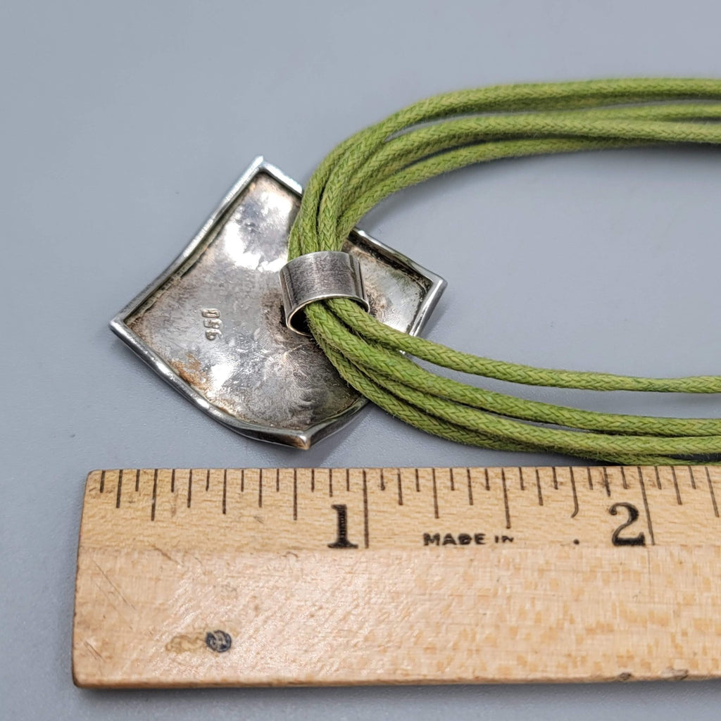 Hammered Square Sterling Silver Pendant Necklace Green Cord Chocker 14"