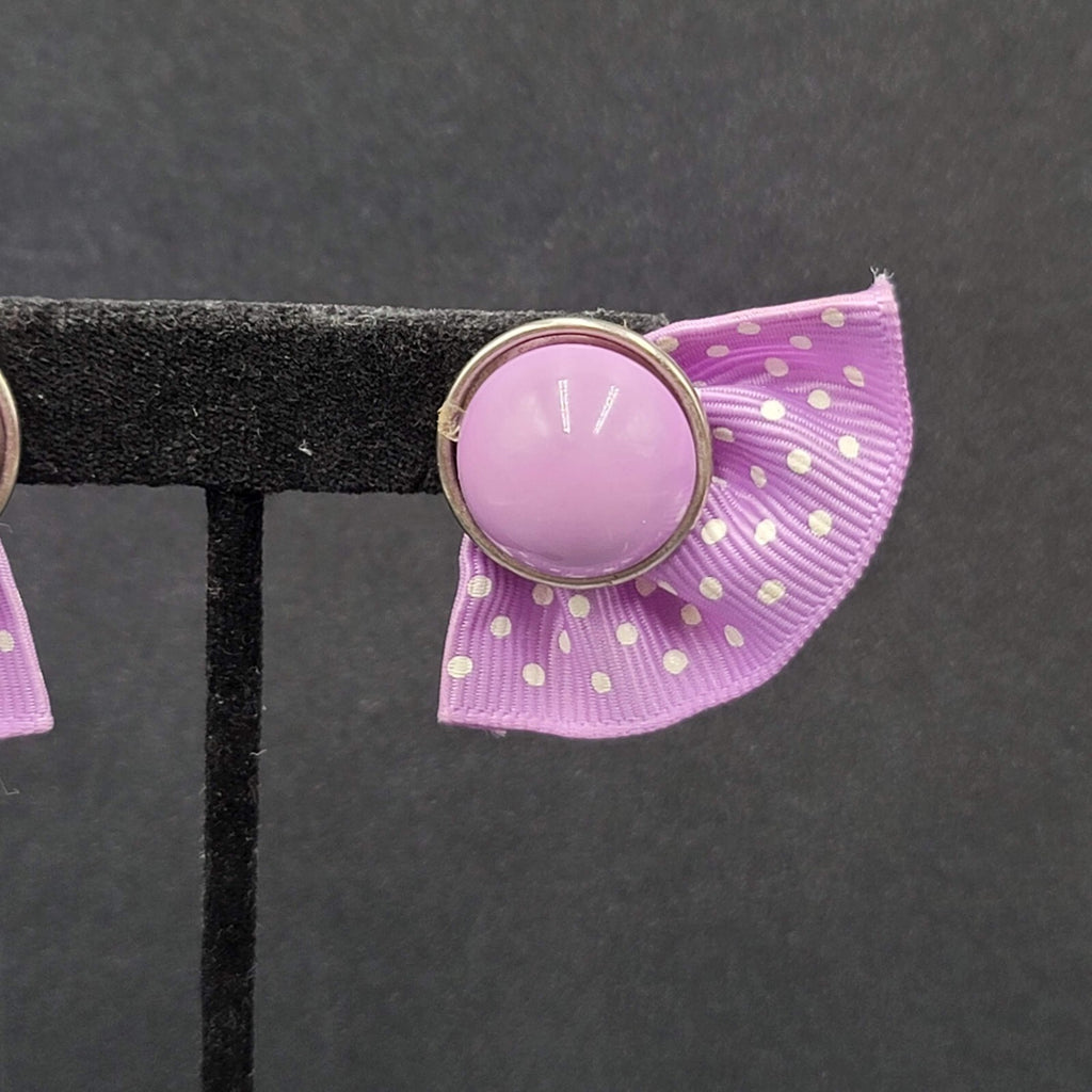 Vintage Pierced Earrings Purple Cabochon Polka Dot Grosgrain Ribbon 1 7/8"