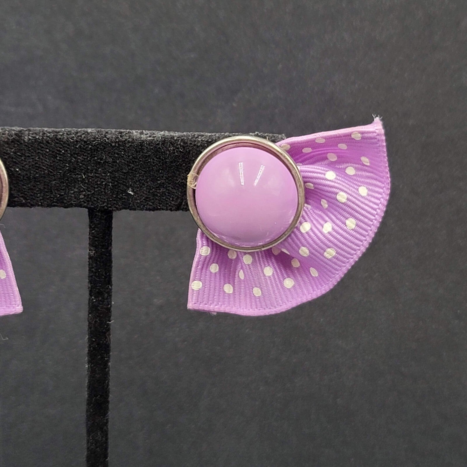 Vintage Pierced Earrings Purple Cabochon Polka Dot Grosgrain Ribbon 1 7/8"