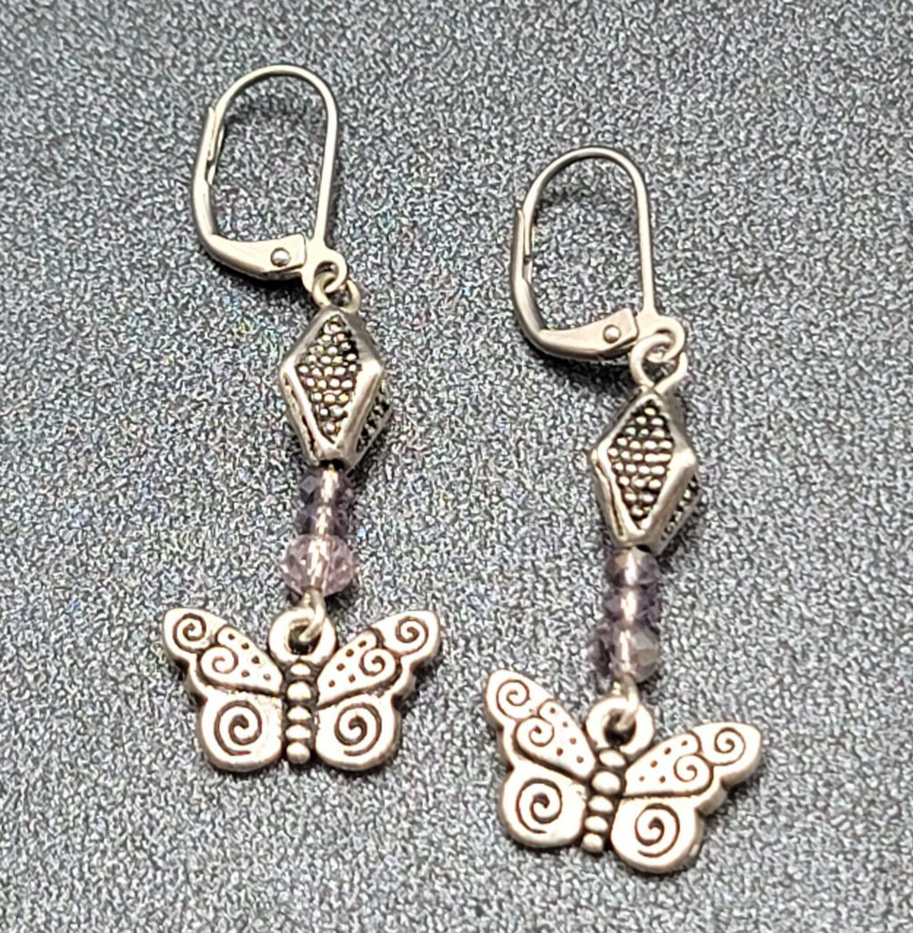 Butterfly Pierced Earrings Silver tone Purple Crystal Bead Dangle 1.25"