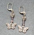 Butterfly Pierced Earrings Silver tone Purple Crystal Bead Dangle 1.25"