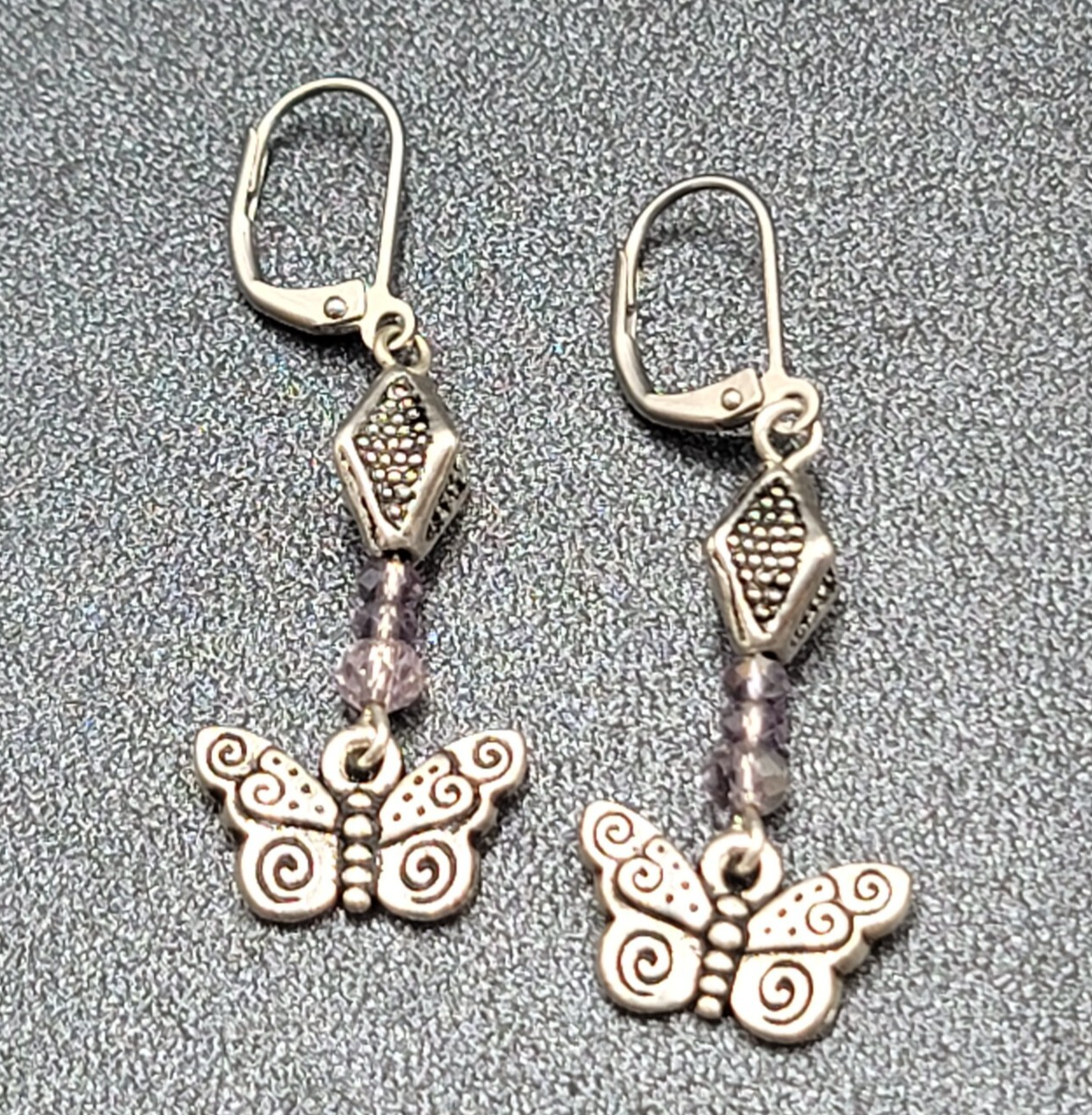Butterfly Pierced Earrings Silver tone Purple Crystal Bead Dangle 1.25"