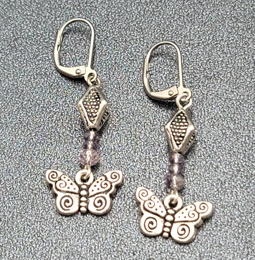 Butterfly Pierced Earrings Silver tone Purple Crystal Bead Dangle 1.25"