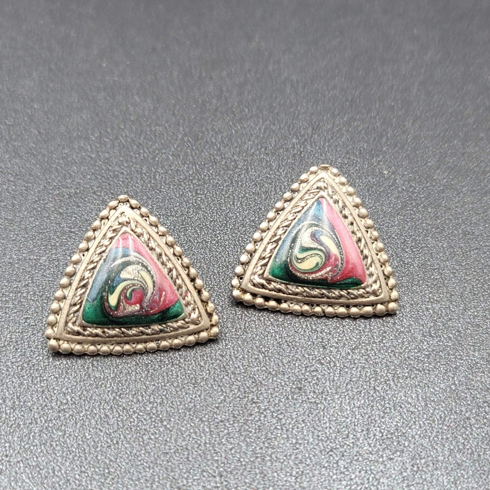 Vintage Pierced Earrings Silver tone Multicolor Enamel Swirl Triangle 1"