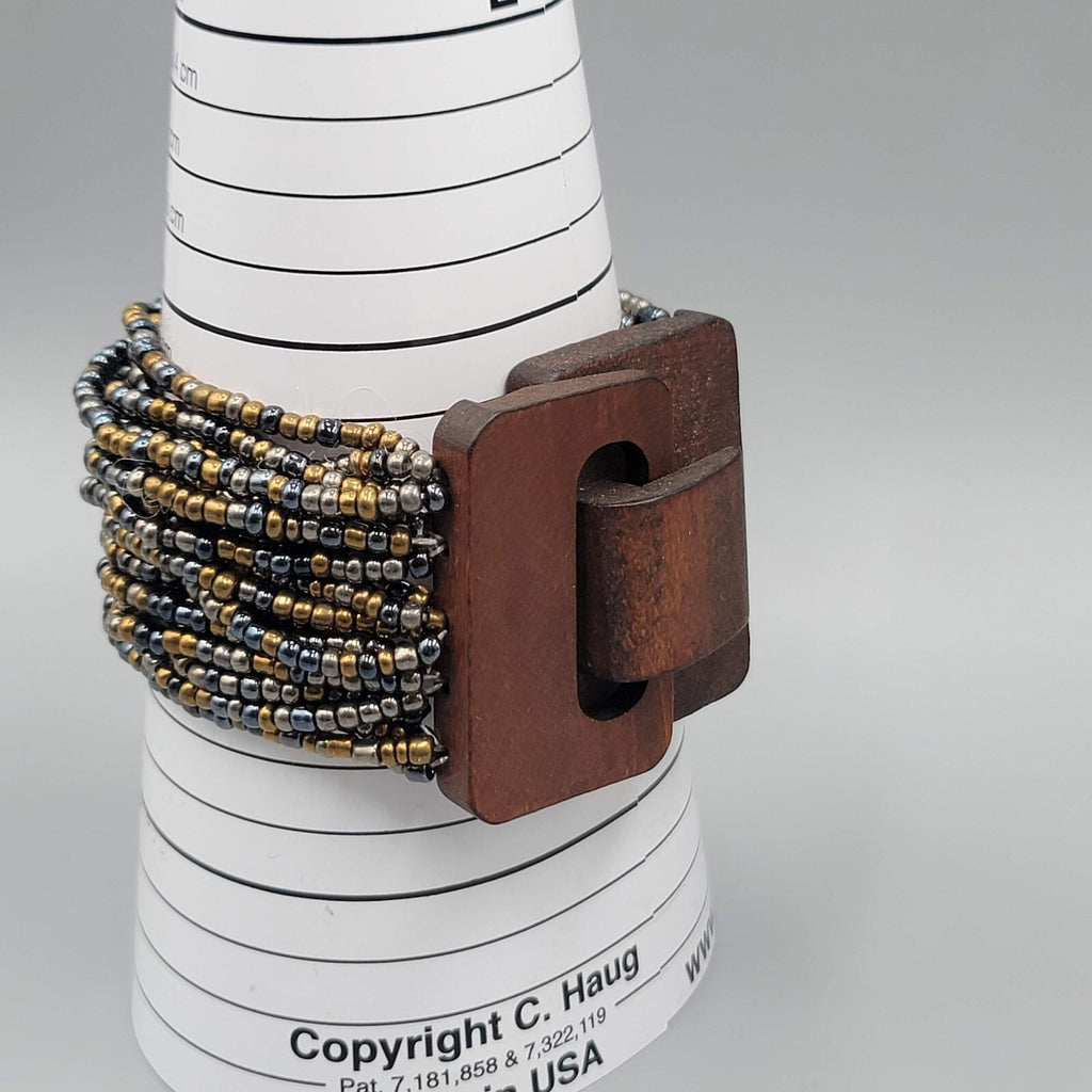 Wood Closure Wide Bracelet Multistrand Seed Bead 7"