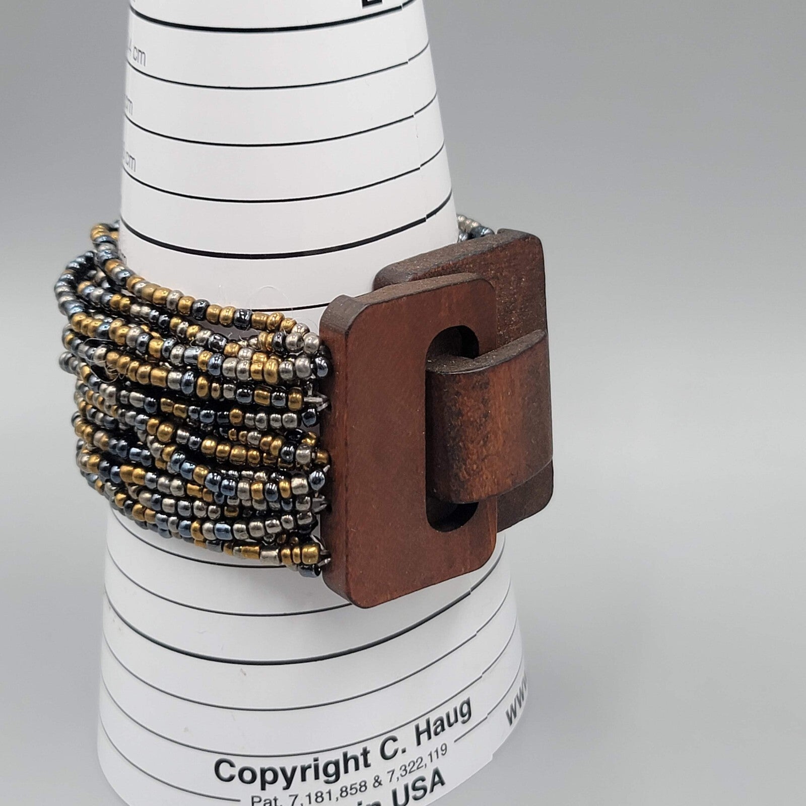 Wood Closure Wide Bracelet Multistrand Seed Bead 7"