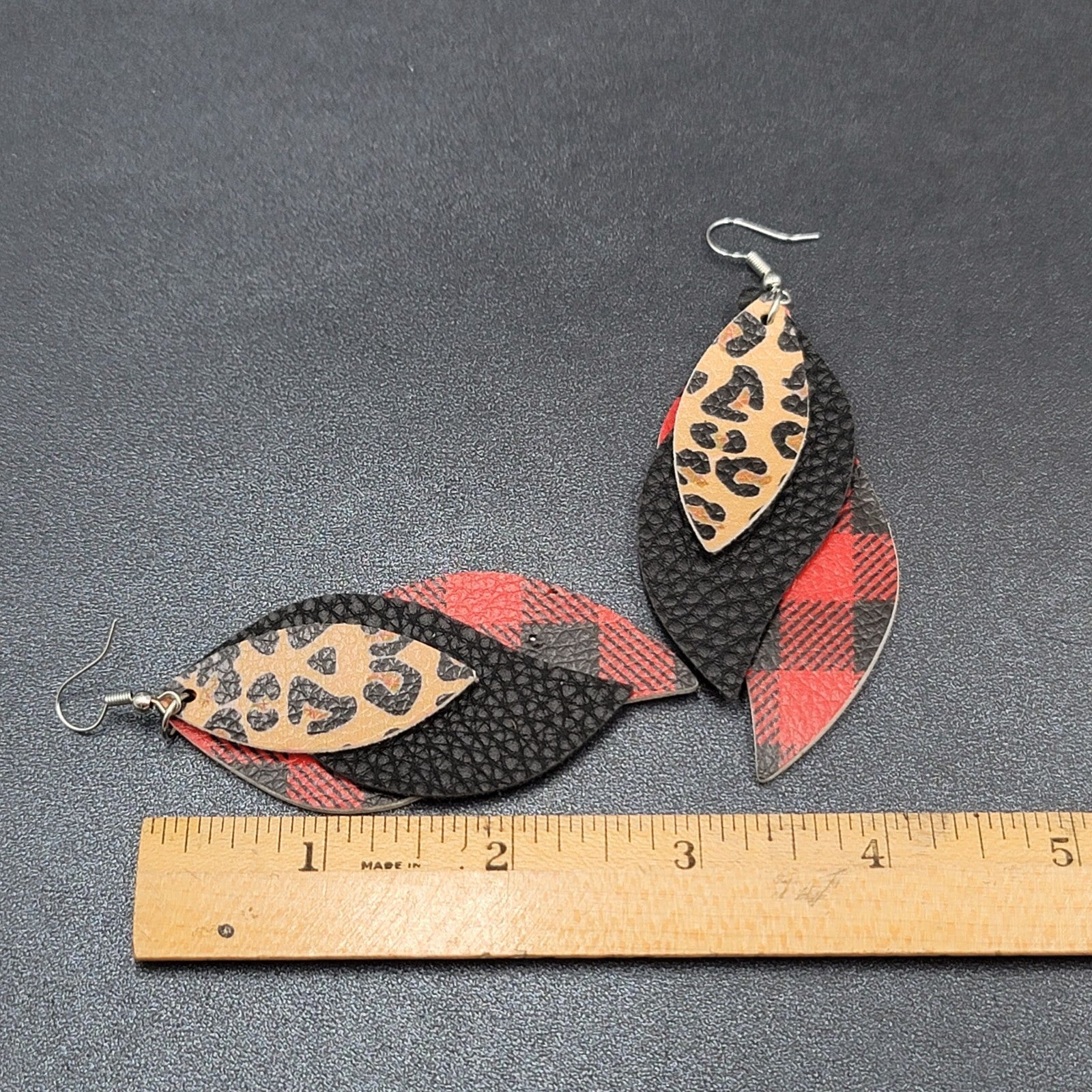 Pierced Earrings Faux Leather Leopard Print Red Plaid Silver tone Dangle 3"
