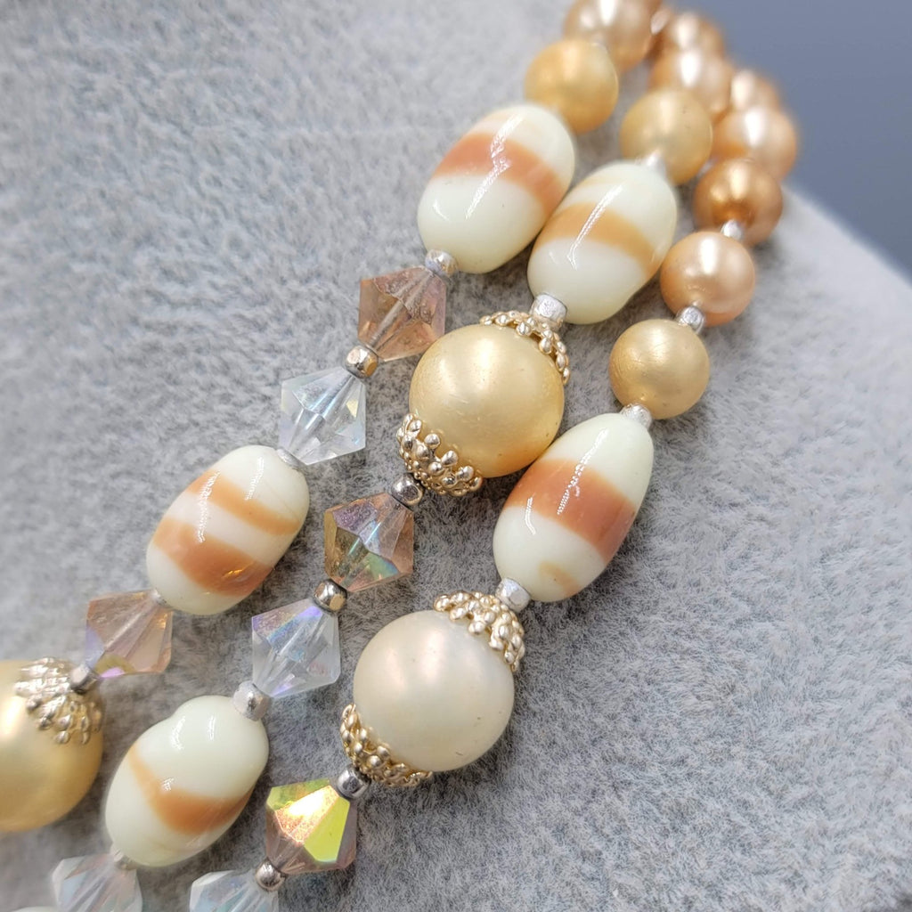 Vintage Triple Strand Necklace Beige Glass Moonstone Gold tone 