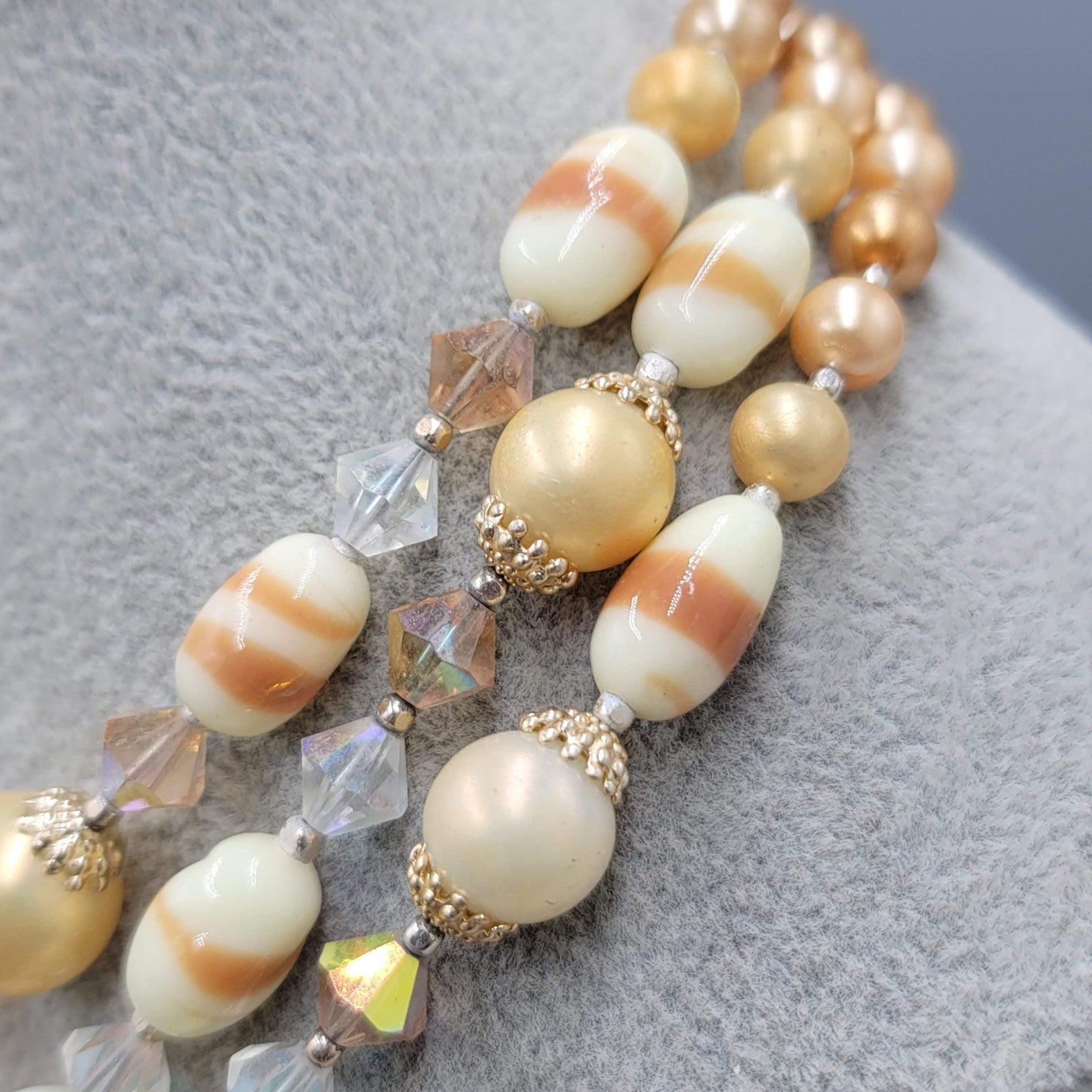 Vintage Triple Strand Necklace Beige Glass Moonstone Gold tone 