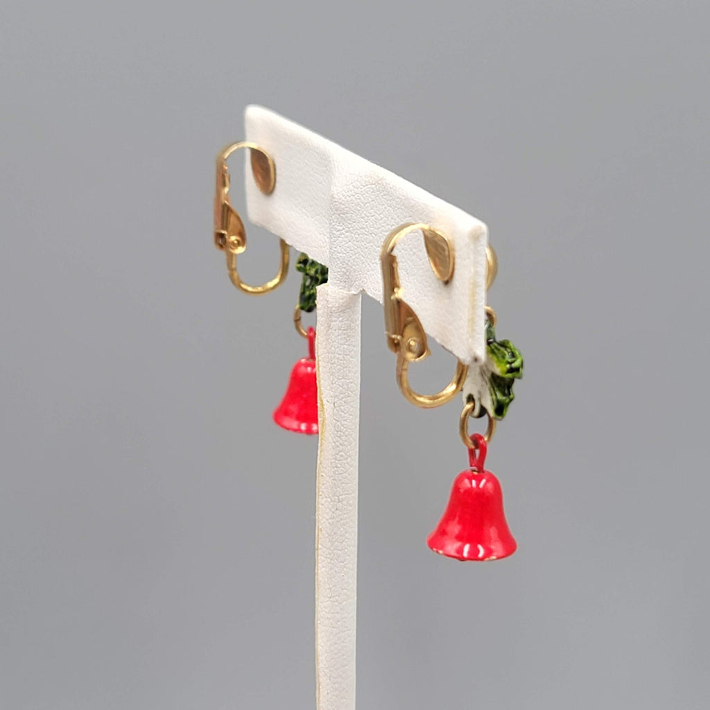 Vintage Christmas Clip on Earrings Gold tone Dangle Holly Jingle Bells 1.25 in