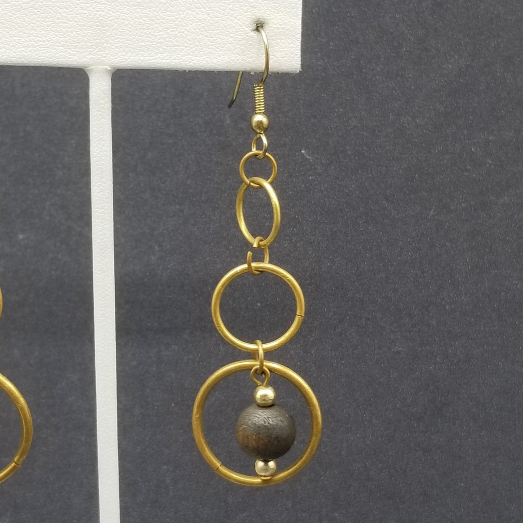 Pierced Earrings Antiqued Gold tone Graduated Chain Wood Bead Dangle 2 1/8"
