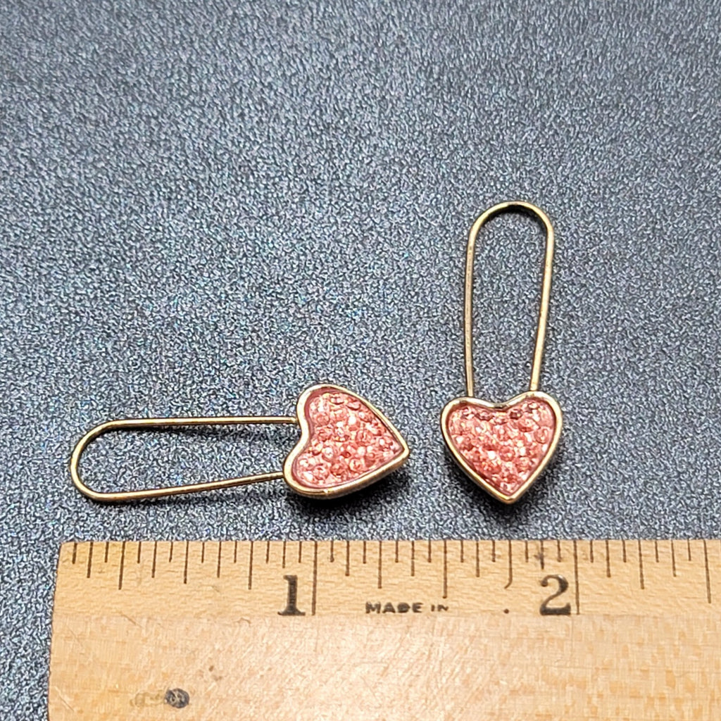 Pierced Earrings Gold Plated Pink Heart Dangle Loops 1 3/8"