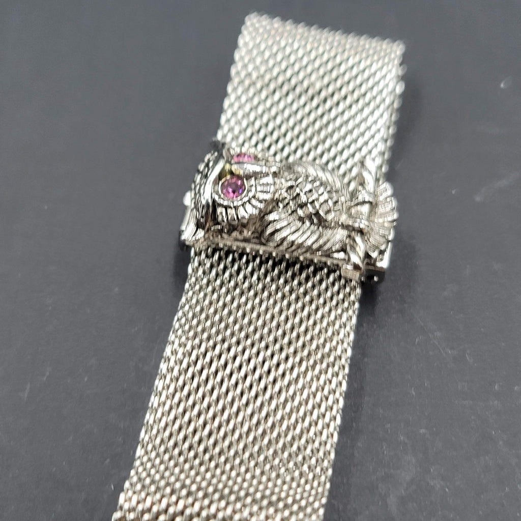 Vintage Sarah Coventry NOCTURNE Silvertone Mesh Owl Bracelet 1972