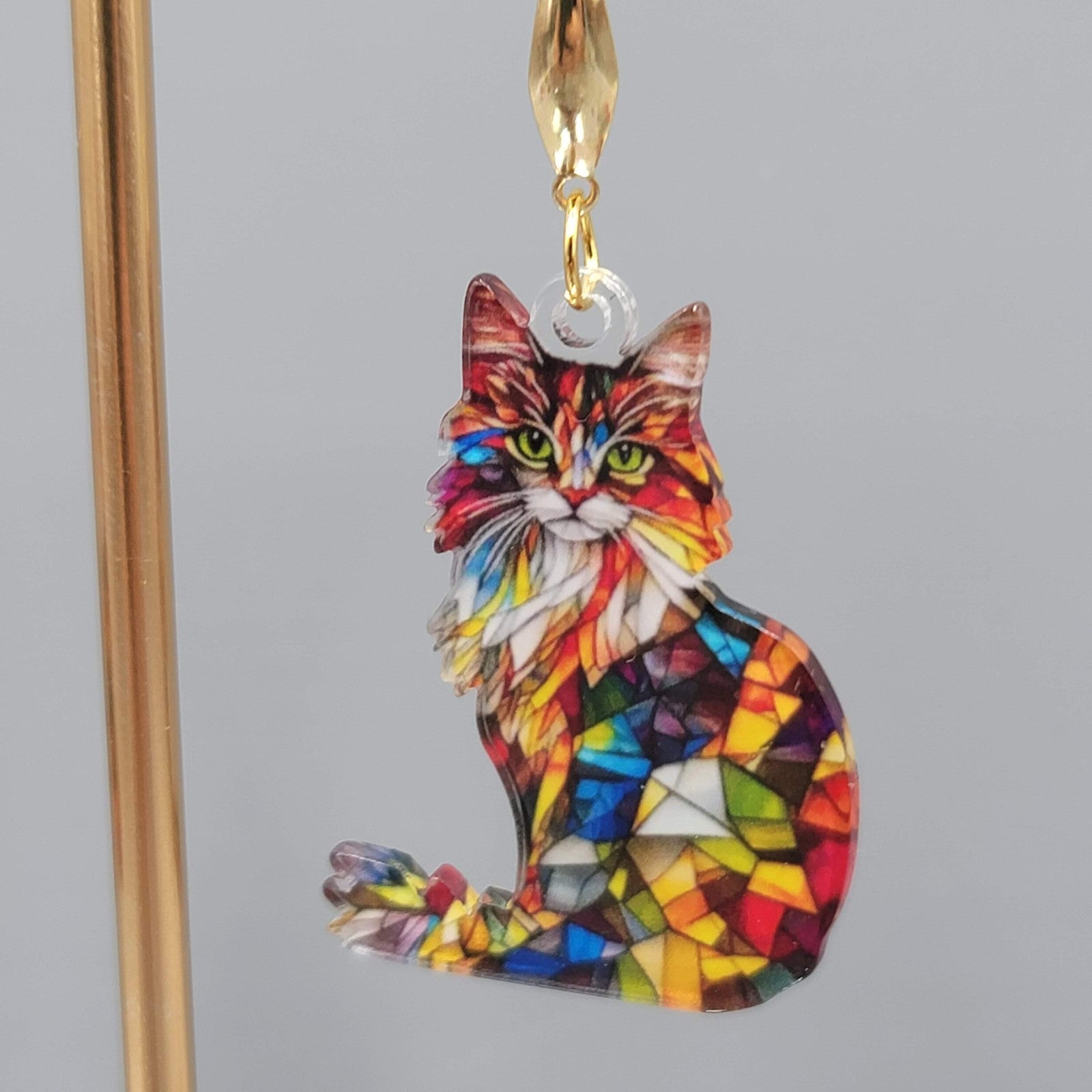Mosiac Kitty Cat Pierced Earrings Multicolor  Acrylic Dangle Gold tone Hook 1.5"