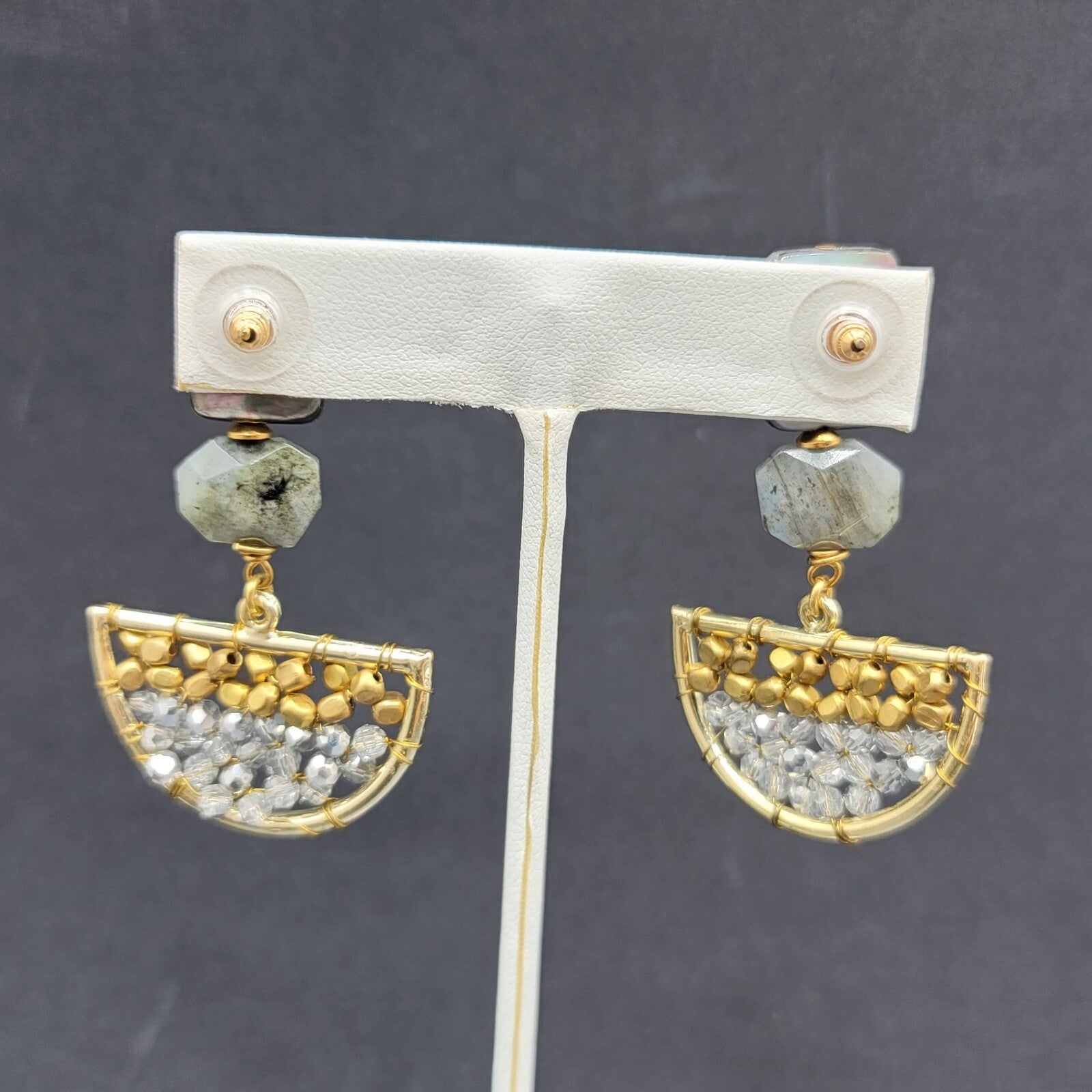Pierced Earrings Gold tone Abalone and Stone Beaded Boho Dangle 2 1/4"