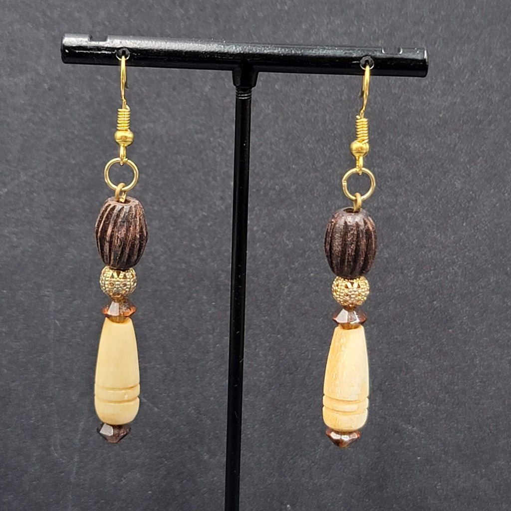 Pierced Earrings Gold tone Wood Hand Carved Beads Dangle 2"