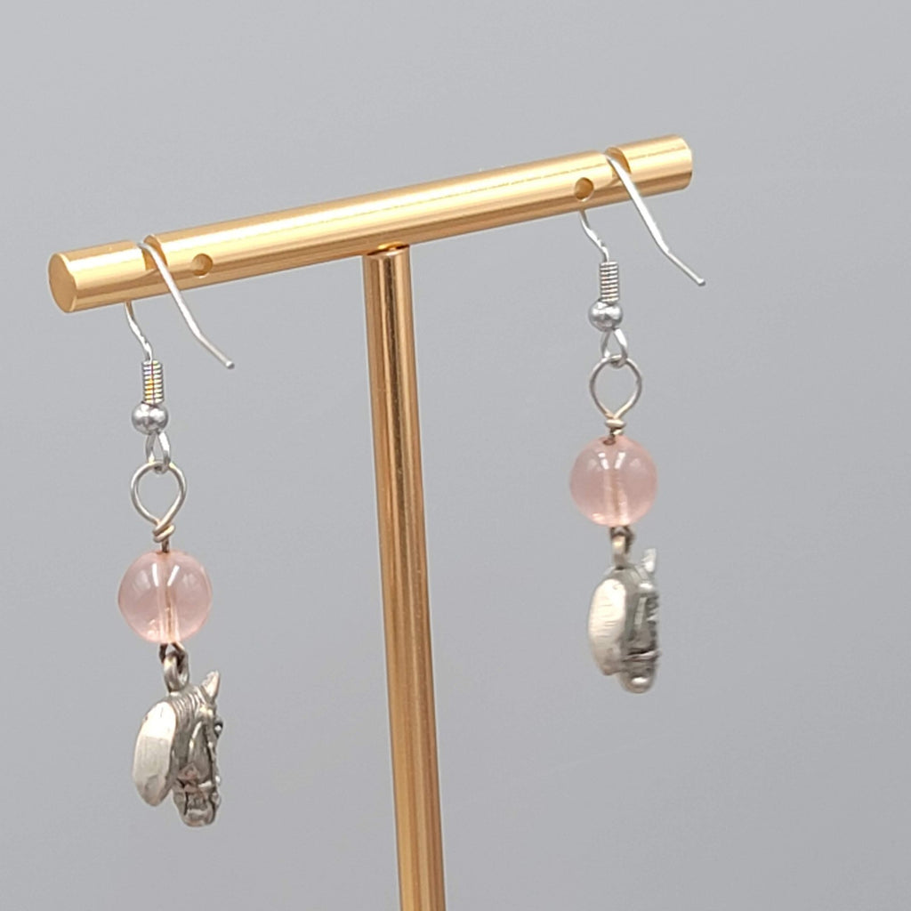 Horse Head Pink Bead Pierced Earrings Silver tone Dangle 1.25 in