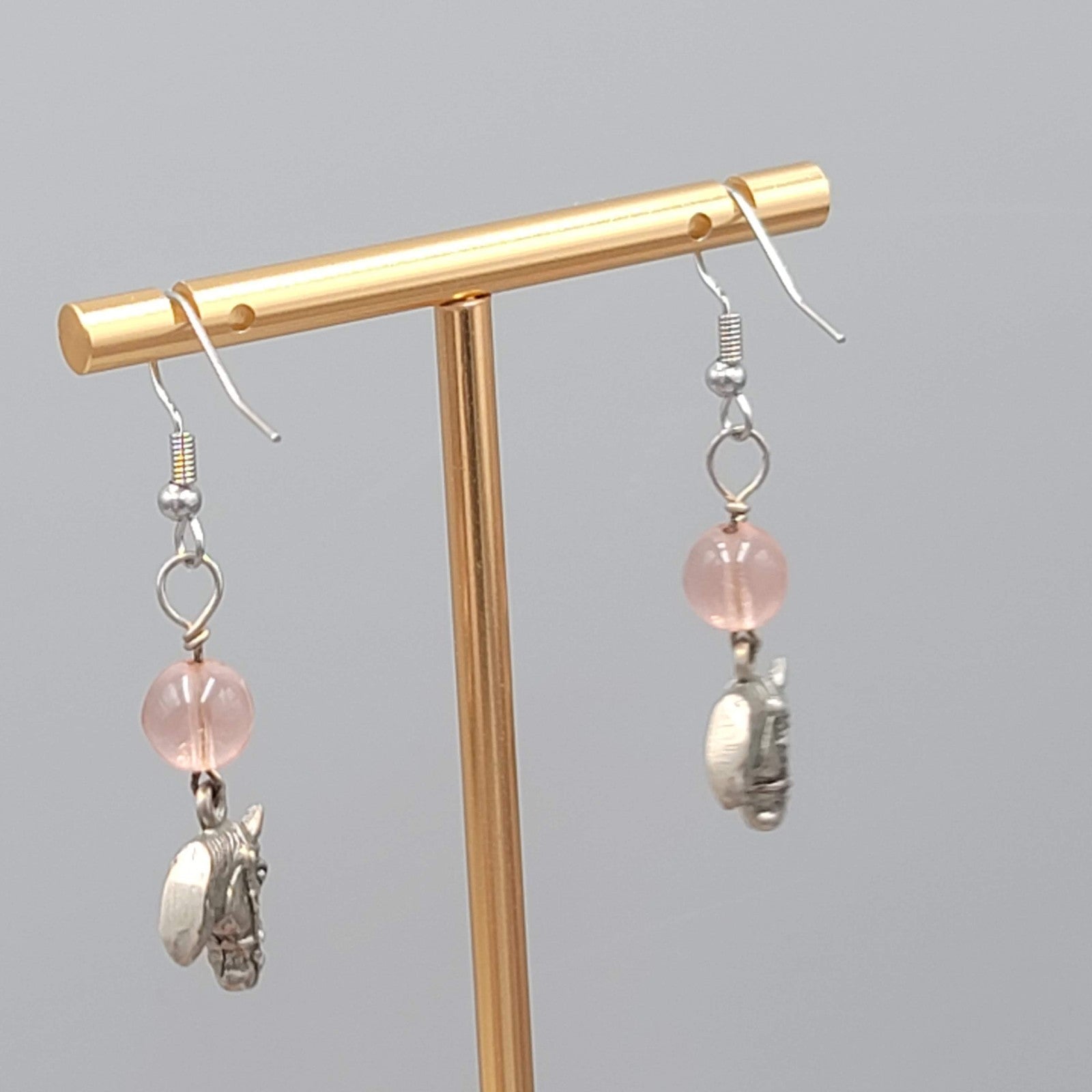 Horse Head Pink Bead Pierced Earrings Silver tone Dangle 1.25 in