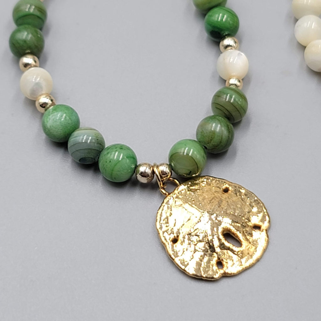 Vintage Sand Dollar Necklace Mother of Pearl Green Stone Beads Gold tone 18"