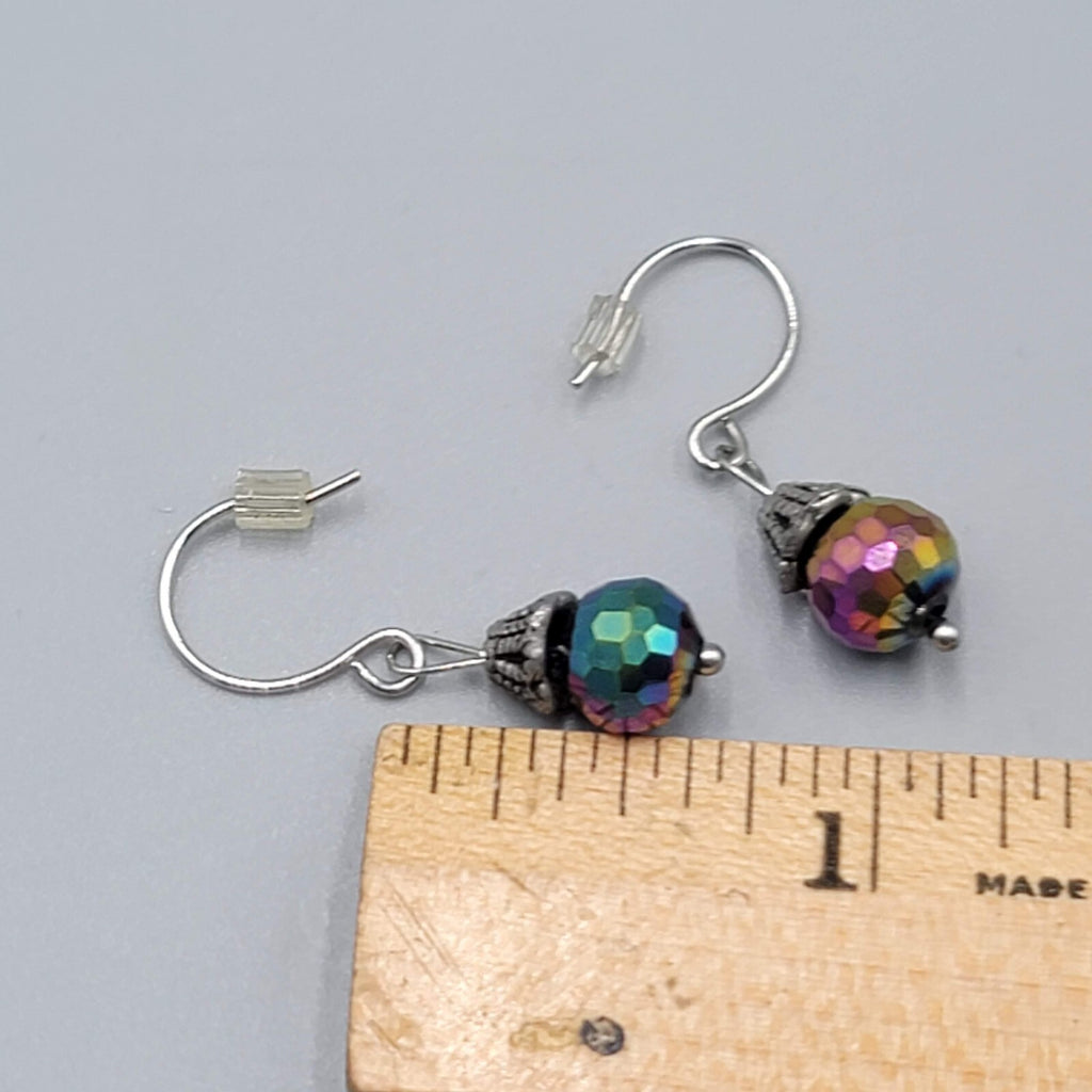 Rainbow Iridescent Sparkle Faceted Bead Dangle Pierced Earrings Silvertone 5/8"