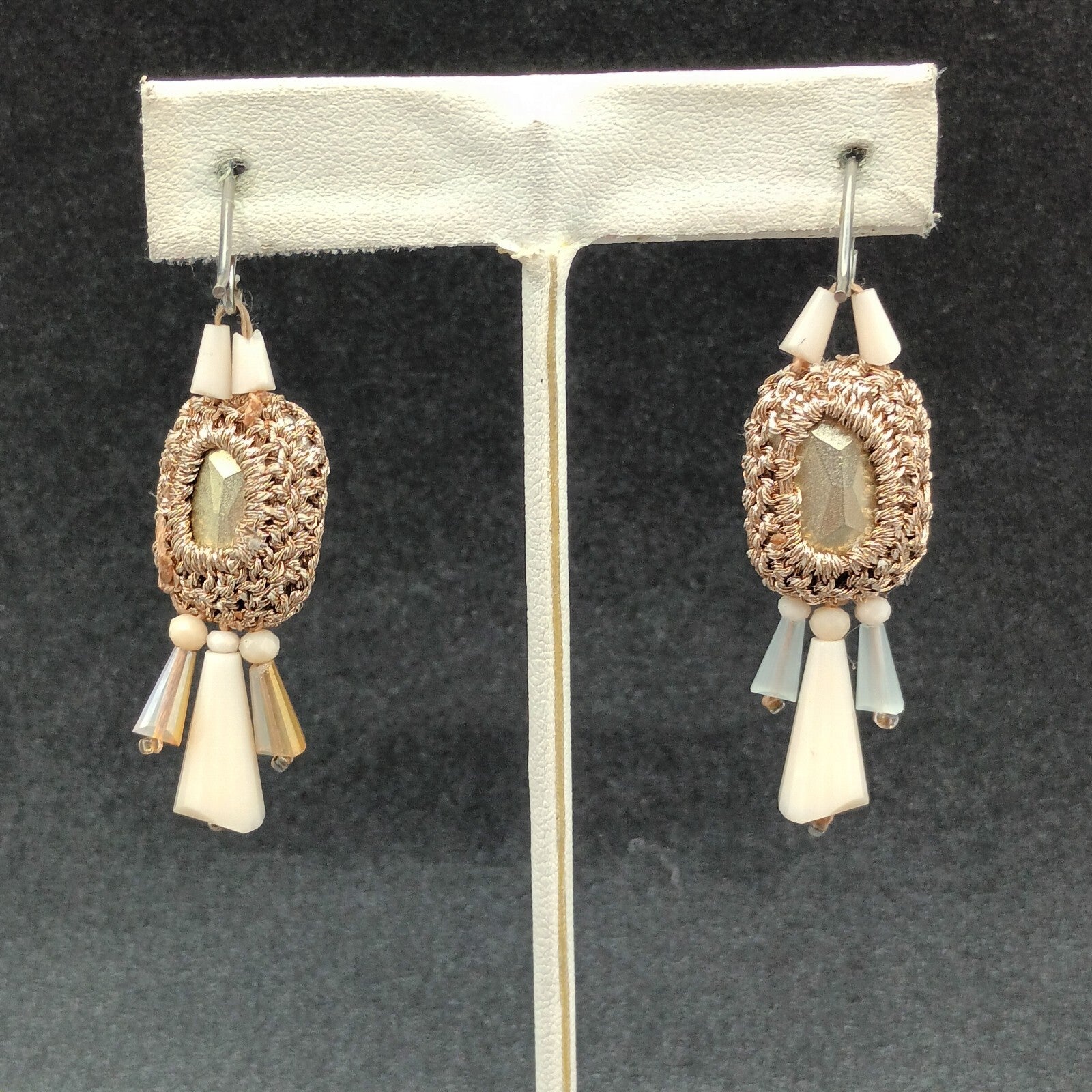 Pierced Earrings Gold tone Mesh Wrapped Yellow Faceted Acrylic Dangle 1 3/4"