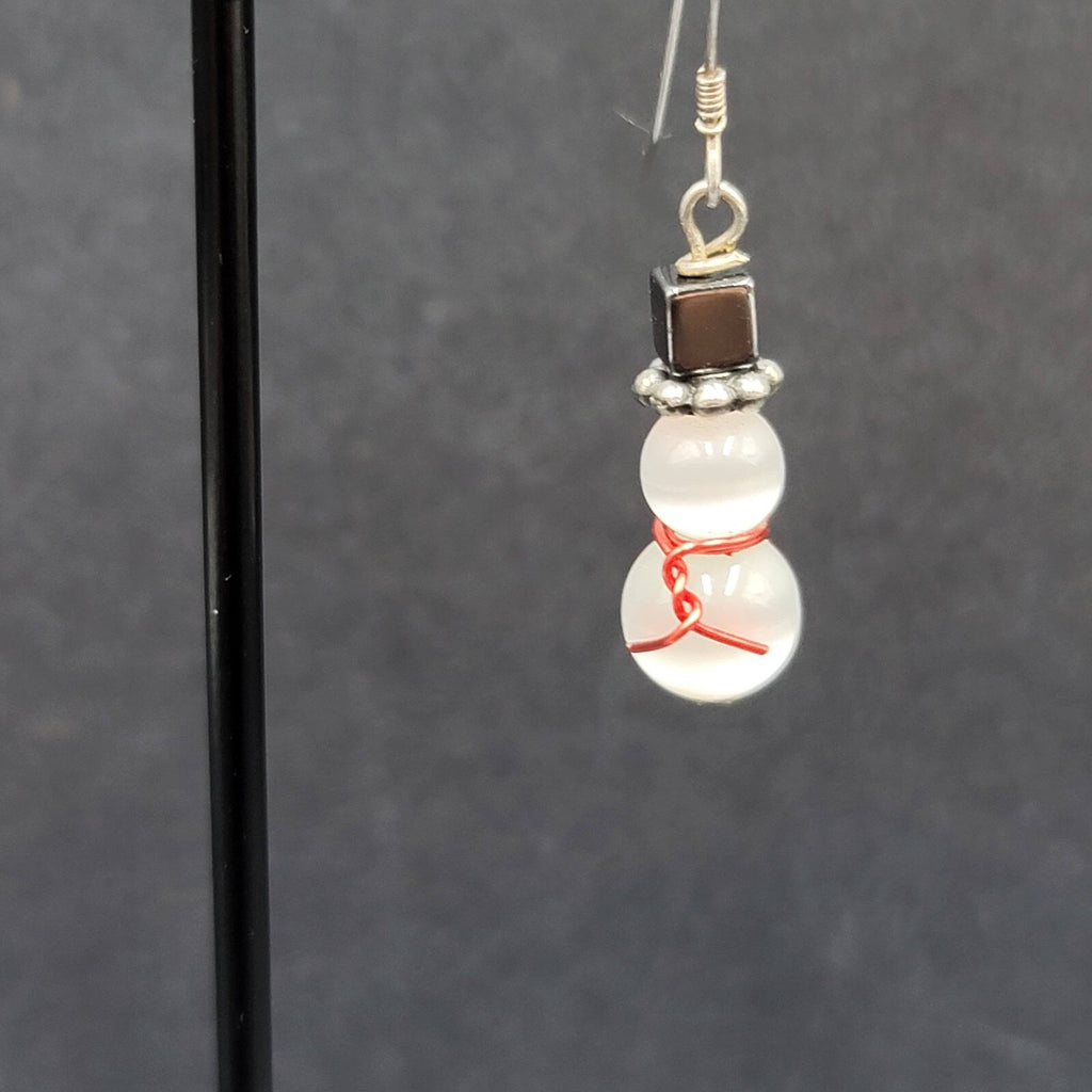 Snowman Pierced Earrings White Cats Eye Beads Hematite Hat Dangle 7/8"