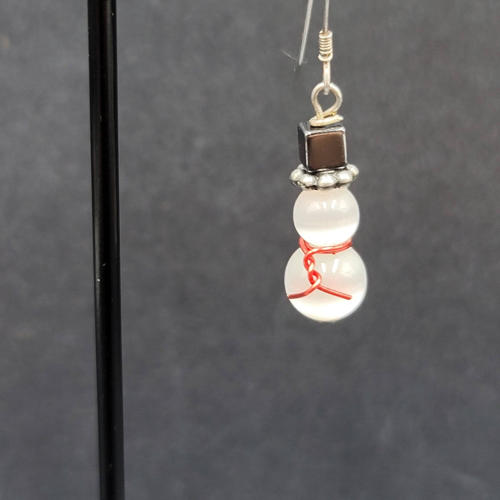 Snowman Pierced Earrings White Cats Eye Beads Hematite Hat Dangle 7/8"