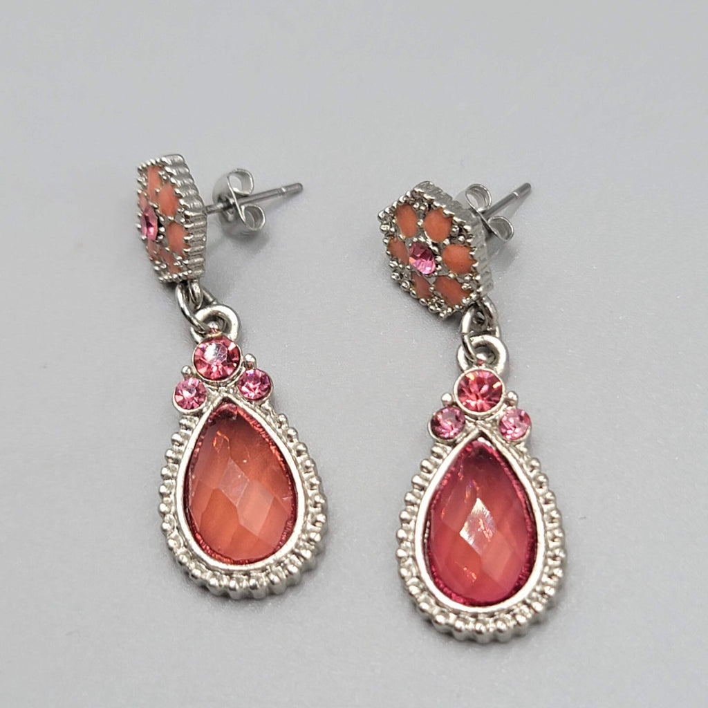 Pierced Earrings Gold tone Pink Rhinestone Teardrop Dangle 1.5"