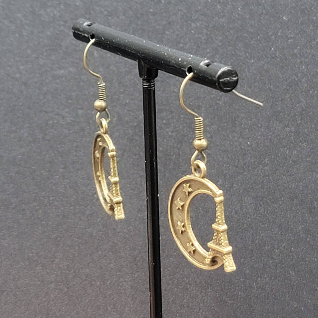 Crescent Moon Eiffel Tower Pierced Earrings Dangle Bronze tone New 7/8"