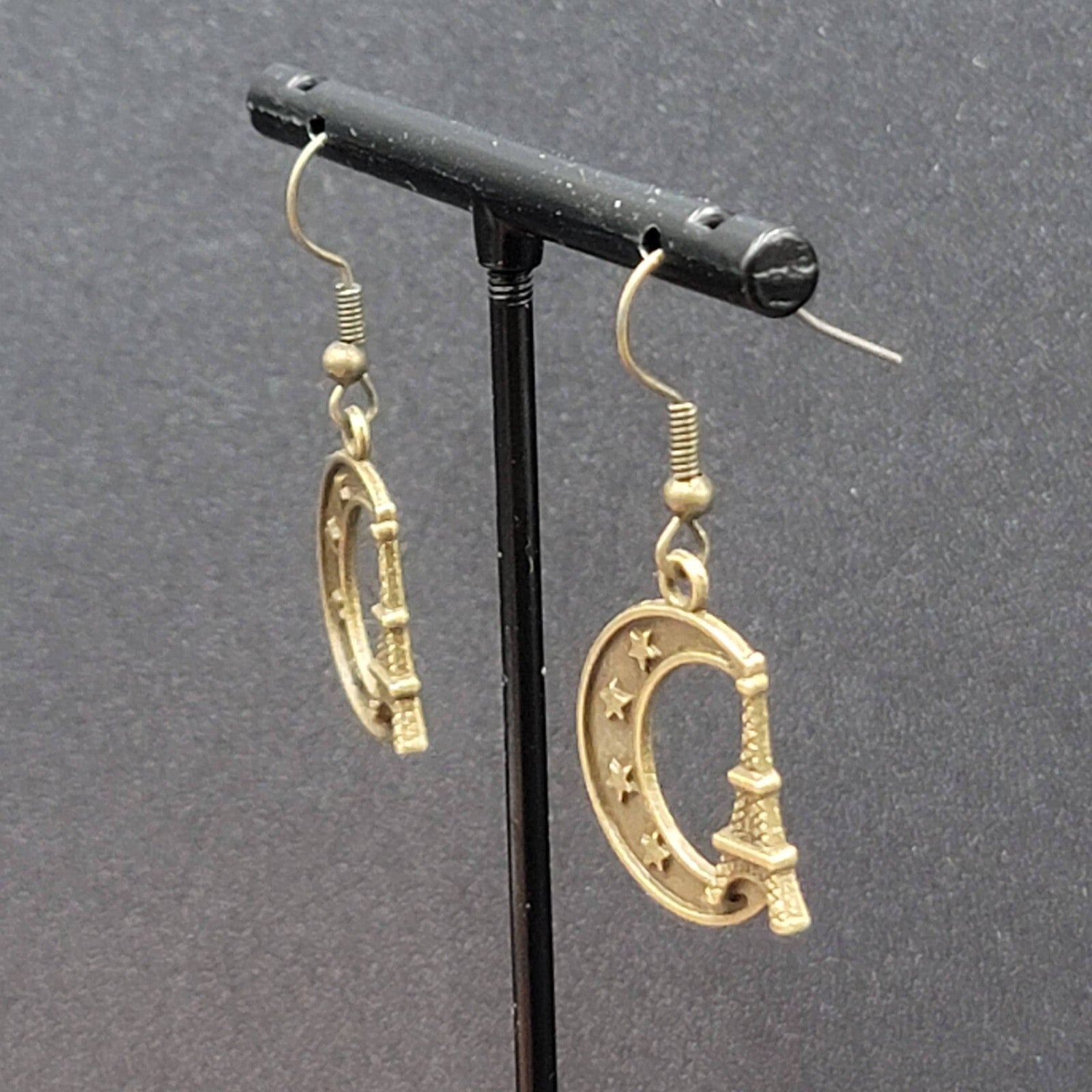 Crescent Moon Eiffel Tower Pierced Earrings Dangle Bronze tone New 7/8"
