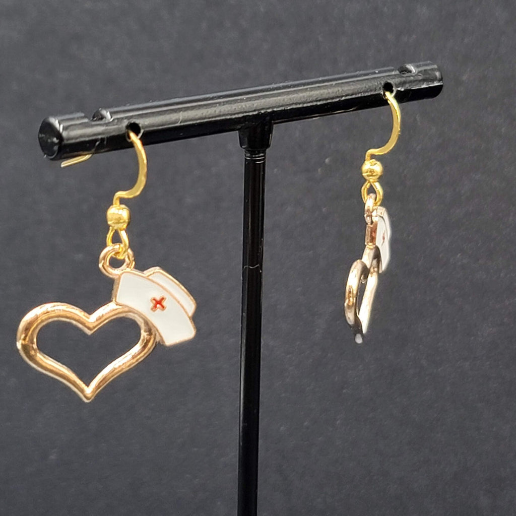 Nurse Heart Pierced Earrings Red White Enamel Gold tone Dangle 3/4"