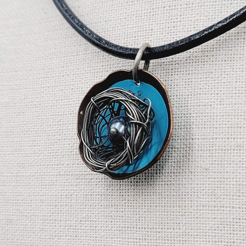 Artisan Birds Nest Necklace Leather Cord Blue Enamel Black Pearl 16"