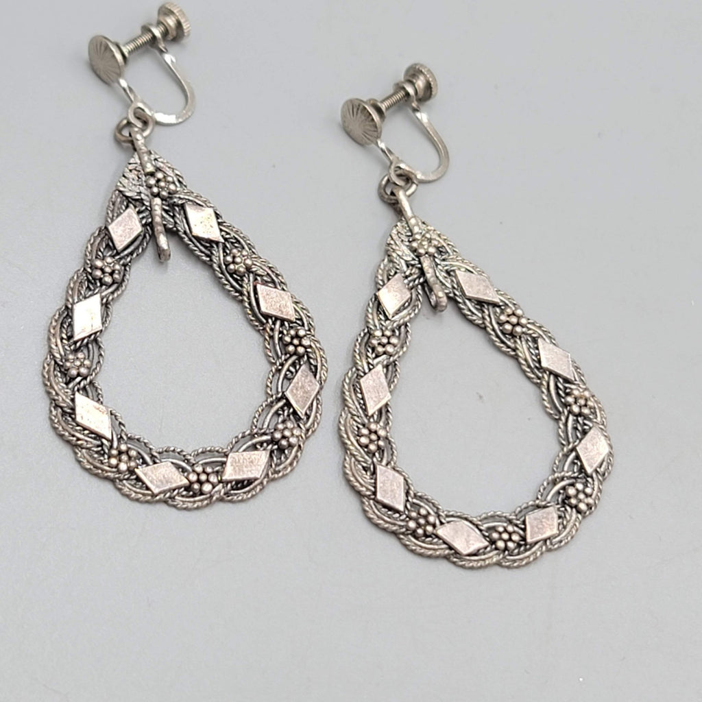 Vintage Open Teardrop Embossed Clip on Earrings Silver tone Dangle 2 in